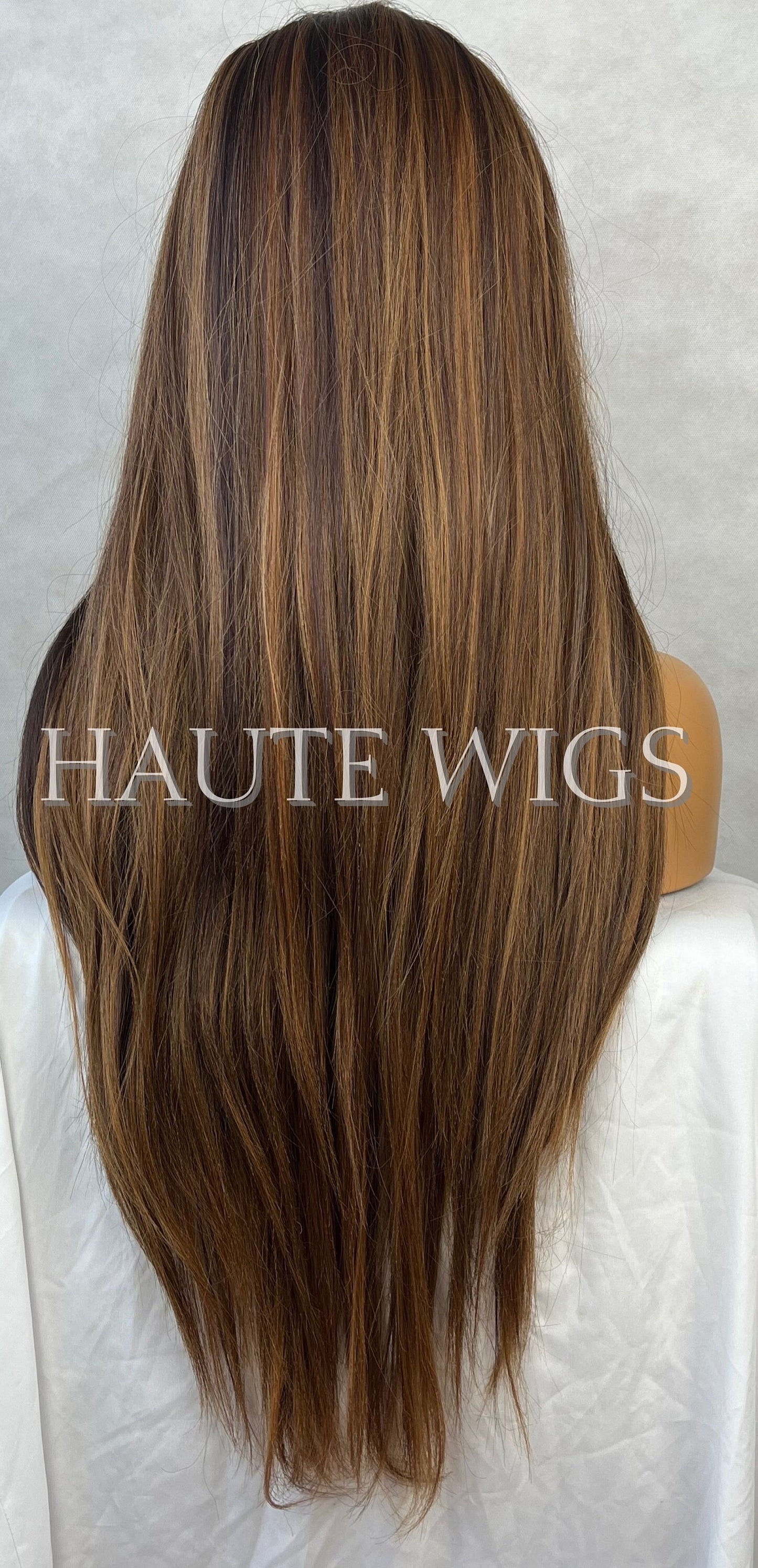 30 Inch BROWN Brunette Wig With Light Highlights Lowlights Streaks Long Straight Womens Wig Vegan friendly Lace Front Realistic Haute Wigs