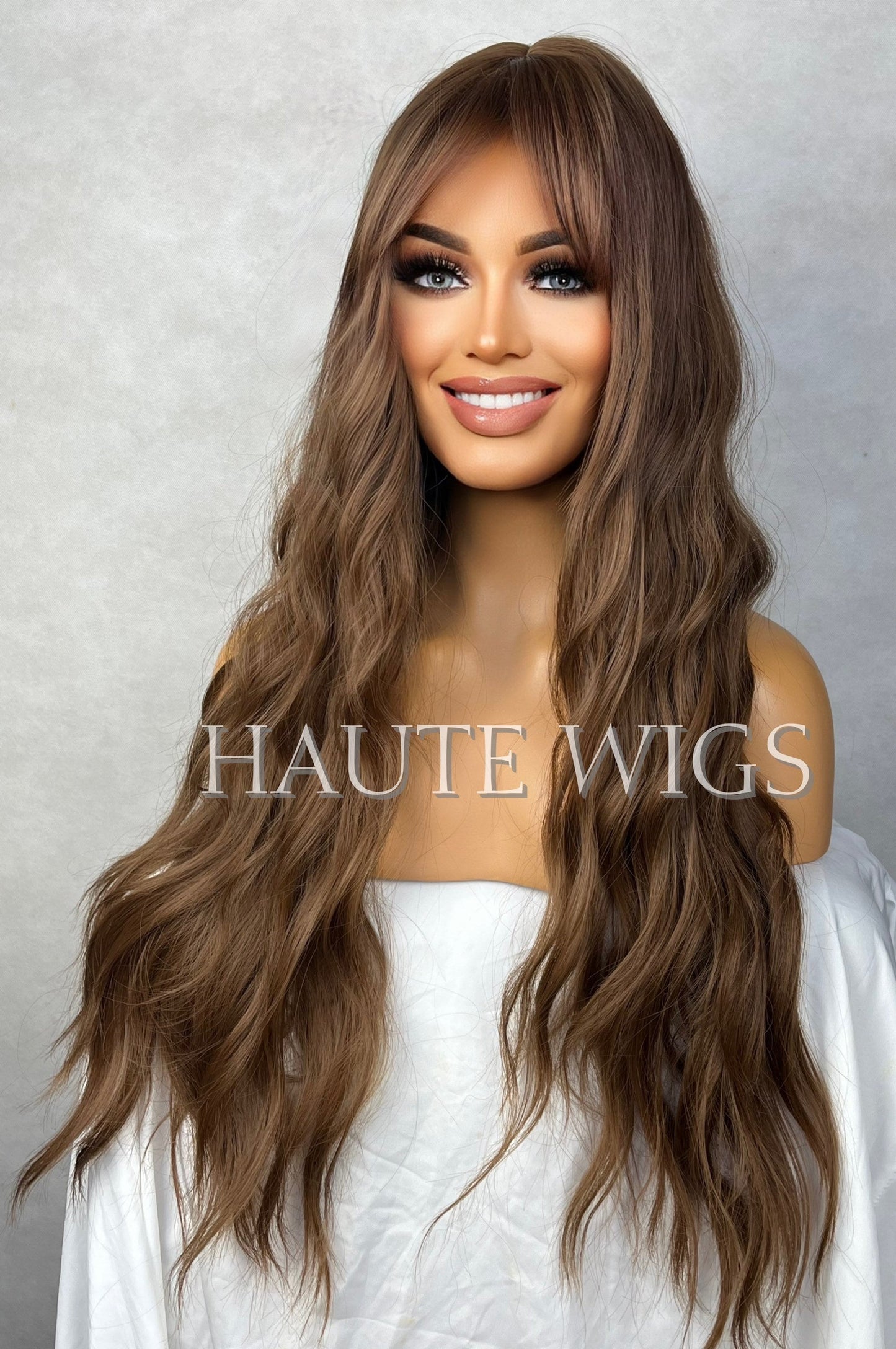 Swiss Brown Brunette Wig With Bangs / Fringe Long Deep Golden Brown Layered Silky Wavy Curly Ladies Womens Wigs No Lace Front Haute Gift