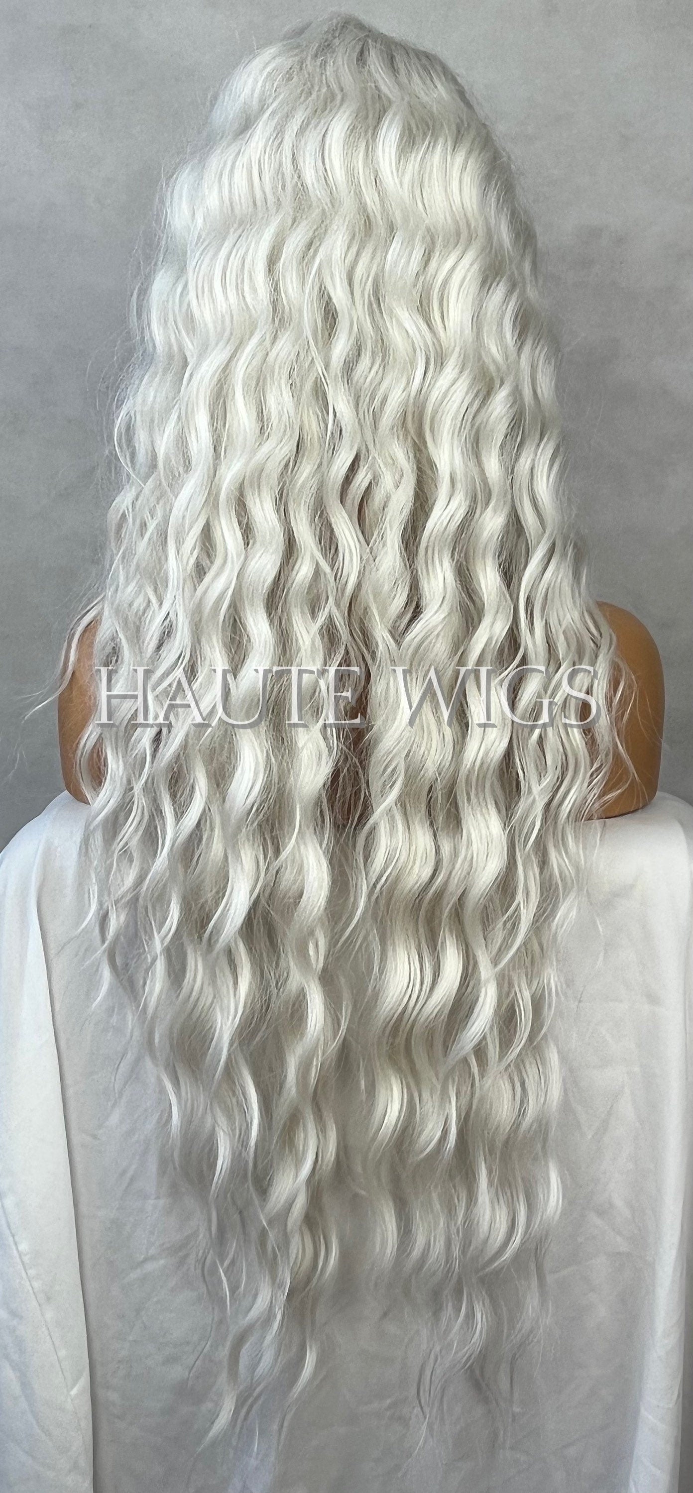 Ice White Ashy Wavy Curly Long 30 Inches Wig Fringe Bangs Center Part Platinum Peroxide Blonde