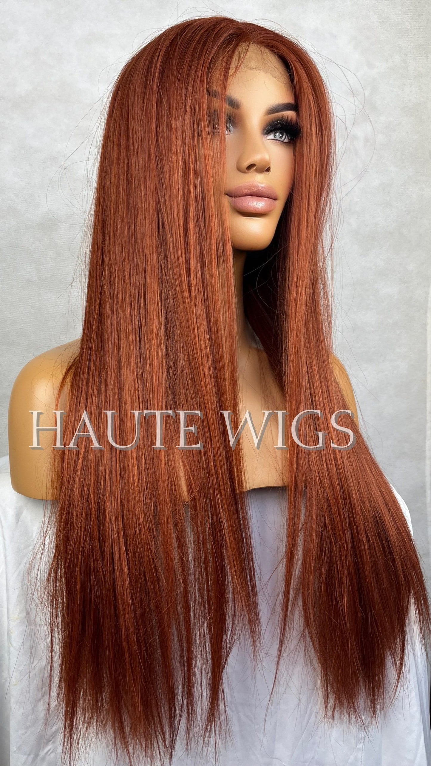 AUBURN 26 Inches Lace Front Human Hair Blends Womens Wig Ladies Deep Copper Ginger Brown Luxury Baby Hairs Center Parting Straight
