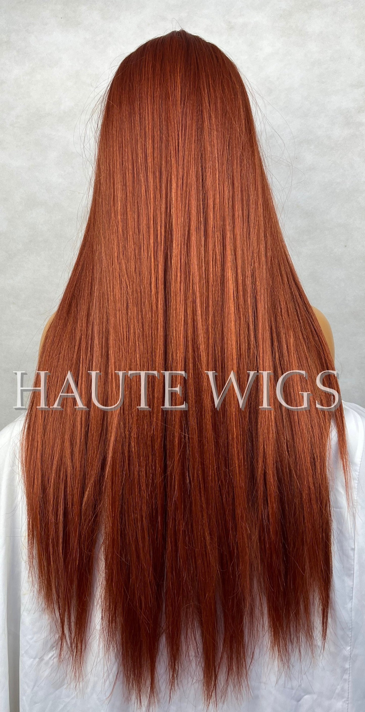 AUBURN 26 Inches Lace Front Human Hair Blends Womens Wig Ladies Deep Copper Ginger Brown Luxury Baby Hairs Center Parting Straight