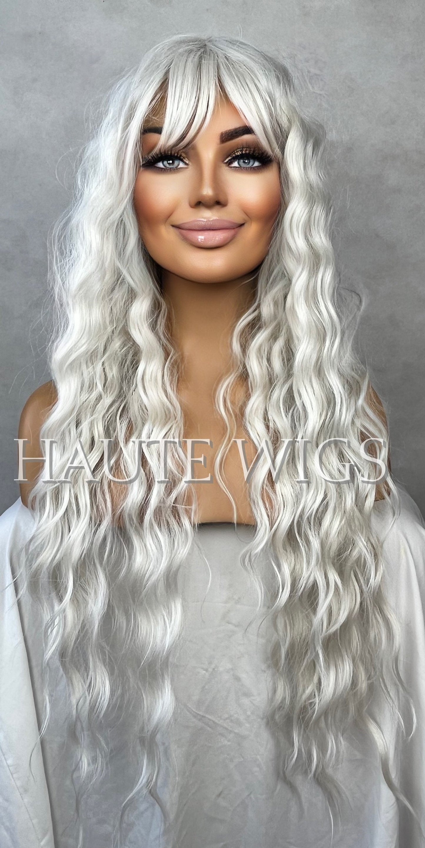 Ice White Ashy Wavy Curly Long 30 Inches Wig Fringe Bangs Center Part Platinum Peroxide Blonde