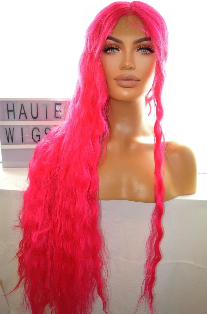 NEON ELECTRIC Pink Wavy XXX Long 42 Inches Lace Front Wig Deep Rich Fuchsia Pink Stunning Human Hair Curly Center Parting Baby Hairs