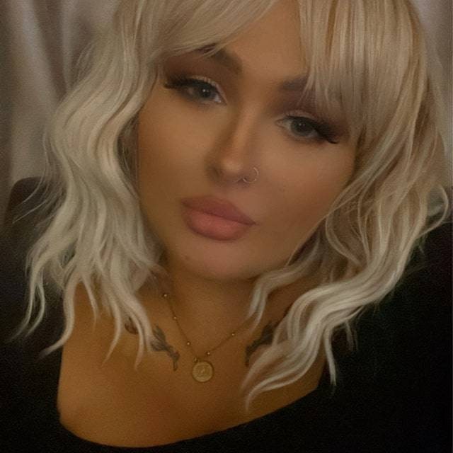 Ash Blonde Brown Balayage Highlights streaks 14 Inch Bob Wig Wavy NO Lace Front Fringe Bangs Womens Wig Eye Catching Short