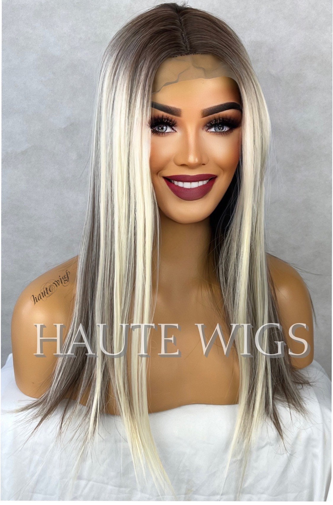 20 Inch Long Sexy Platinum Blonde Highlights Wig Brown Lowlights Womens Hair Lace front Layered Christina Aguilera Dirrty inspired Gift