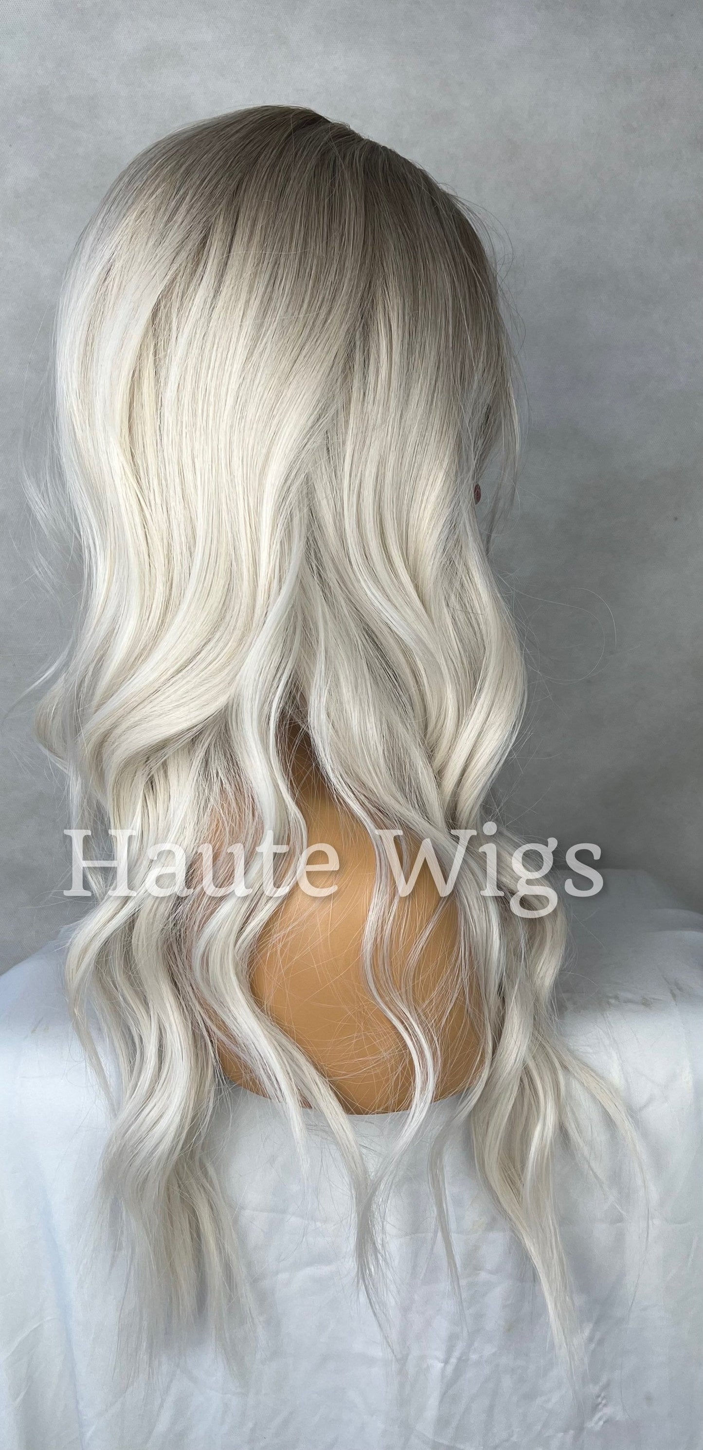 Homecoming - Ash Platinum Blonde Ombré streaks 22 Inch Long Wig Wavy NO Lace Fringe Bangs Womens Wig pretty Gift for her haute wigs