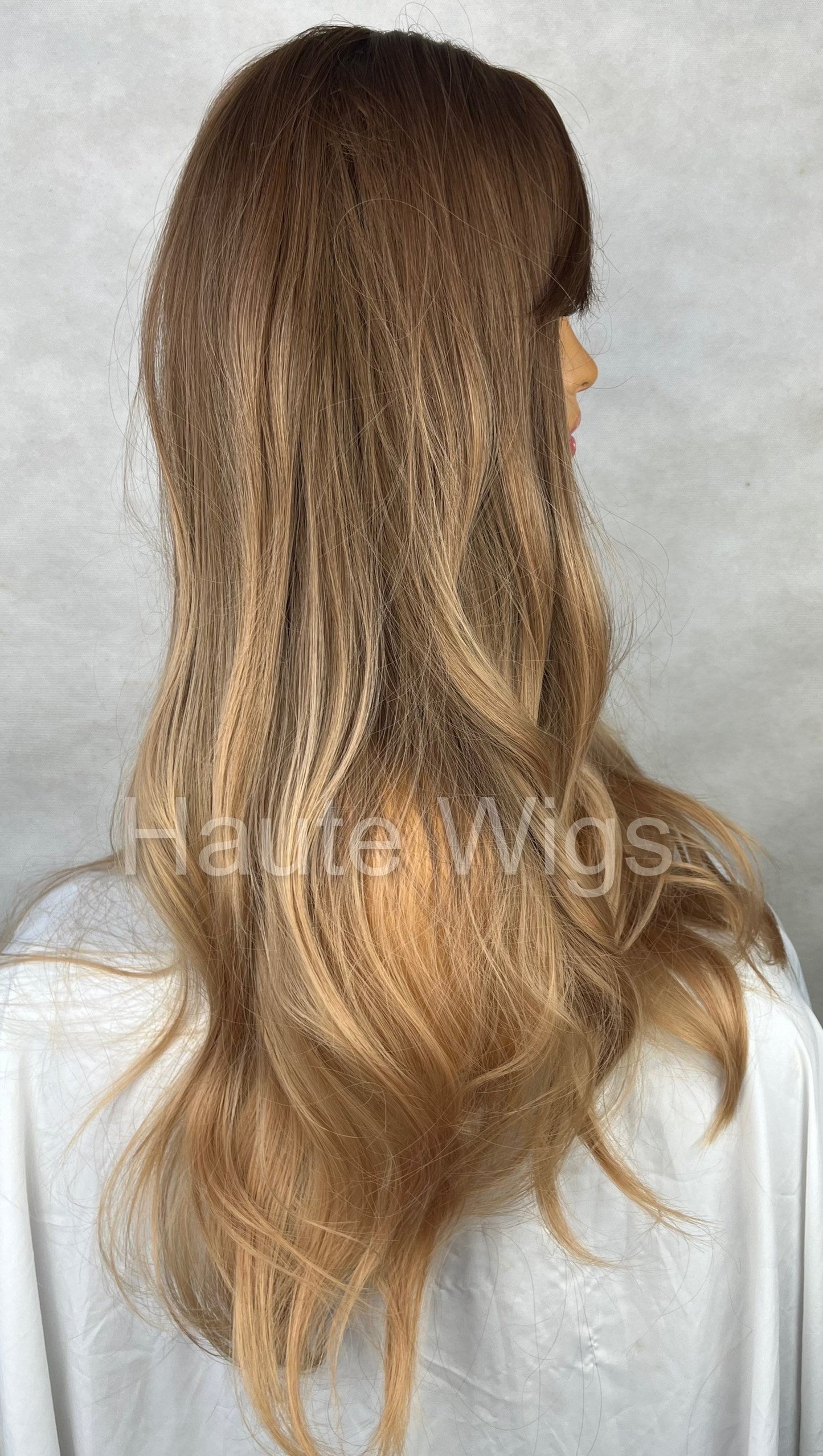 Blonde Brown Ombre 26 Inch Women Long Wig Synthetic Hair Fringe Bangs Straight Wavy Heat Resistant Highlights Balayage