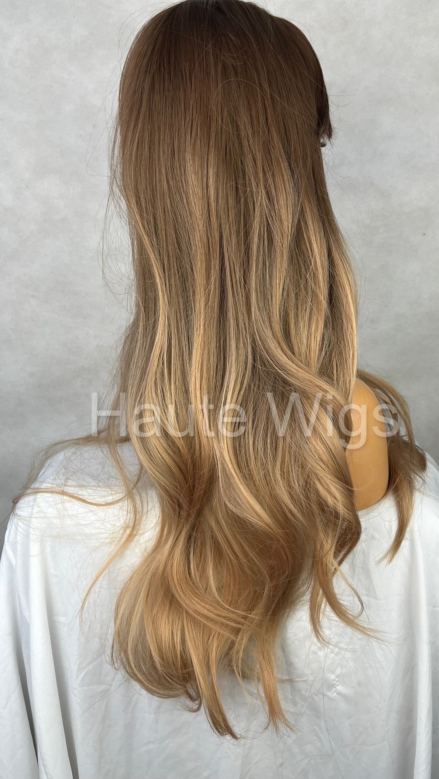 Blonde Brown Ombre 26 Inch Women Long Wig Synthetic Hair Fringe Bangs Straight Wavy Heat Resistant Highlights Balayage