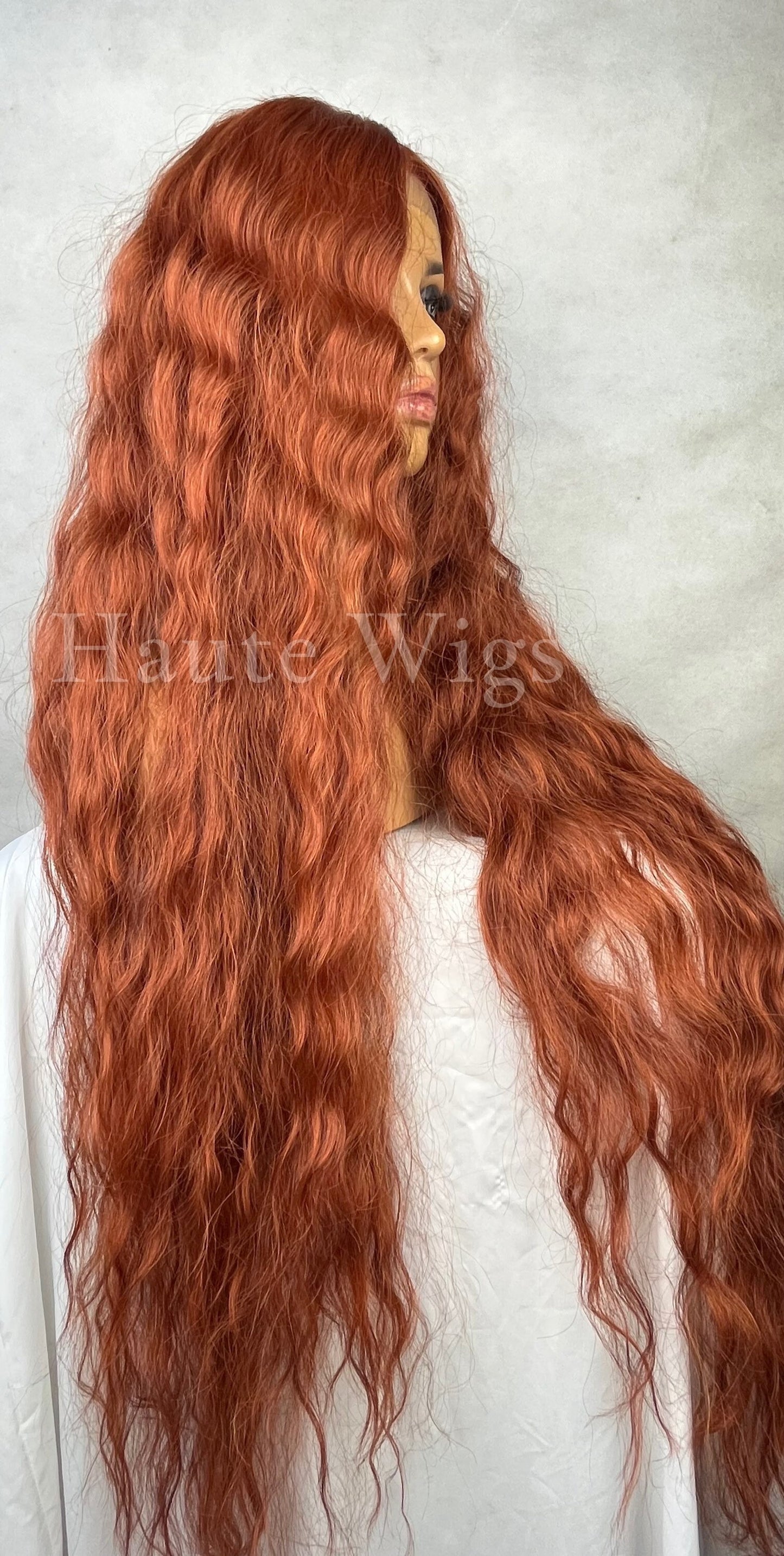 Auburn Copper Ginger Wavy XXX Long 42 Inches Lace Front Wig Human Hair Womens Wigs Gift For Her Realistic Center Parting Water waves