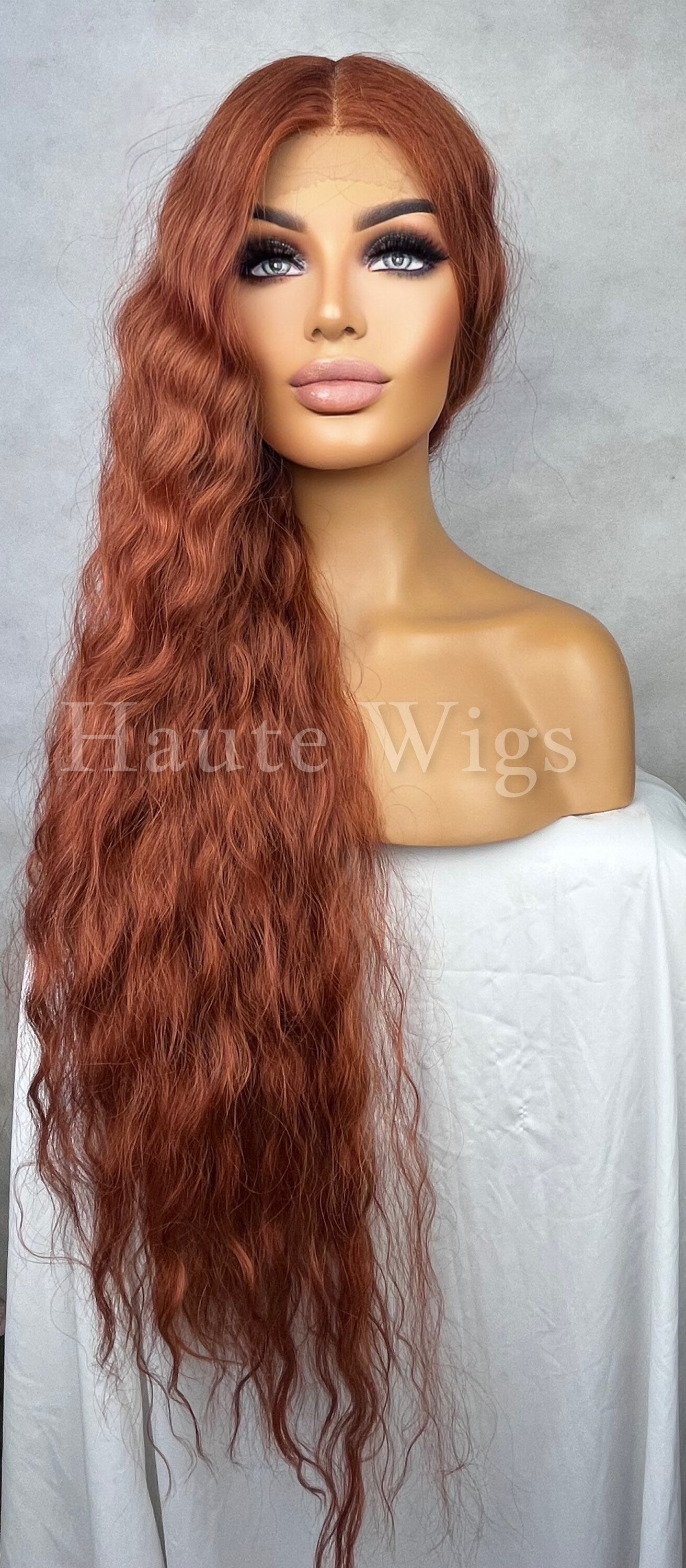 Auburn Copper Ginger Wavy XXX Long 42 Inches Lace Front Wig Human Hair Womens Wigs Gift For Her Realistic Center Parting Water waves