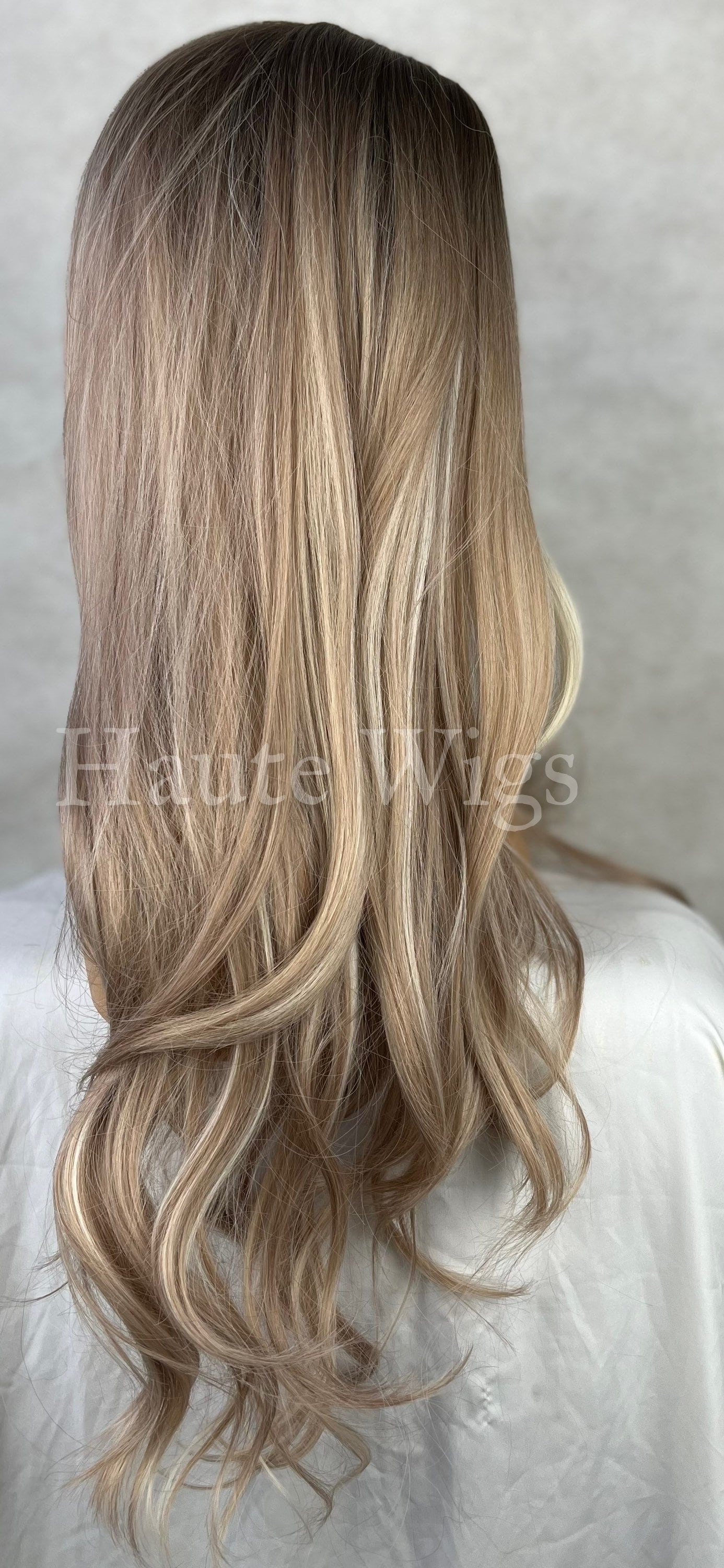 Beverly Hills Ash Brown Blonde Highlights White Balayage streaks 26 Inch Long womens Wig Straight Center Parting NO Lace Front Gift for her