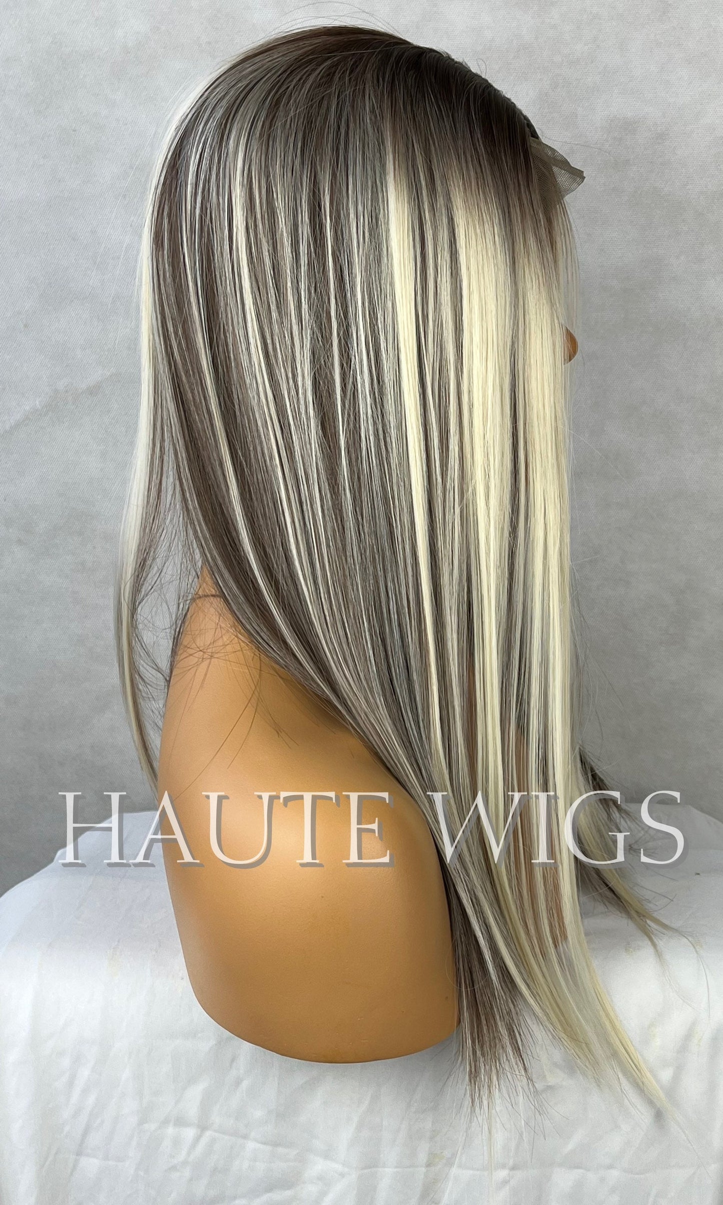 20 Inch Long Sexy Platinum Blonde Highlights Wig Brown Lowlights Womens Hair Lace front Layered Christina Aguilera Dirrty inspired Gift