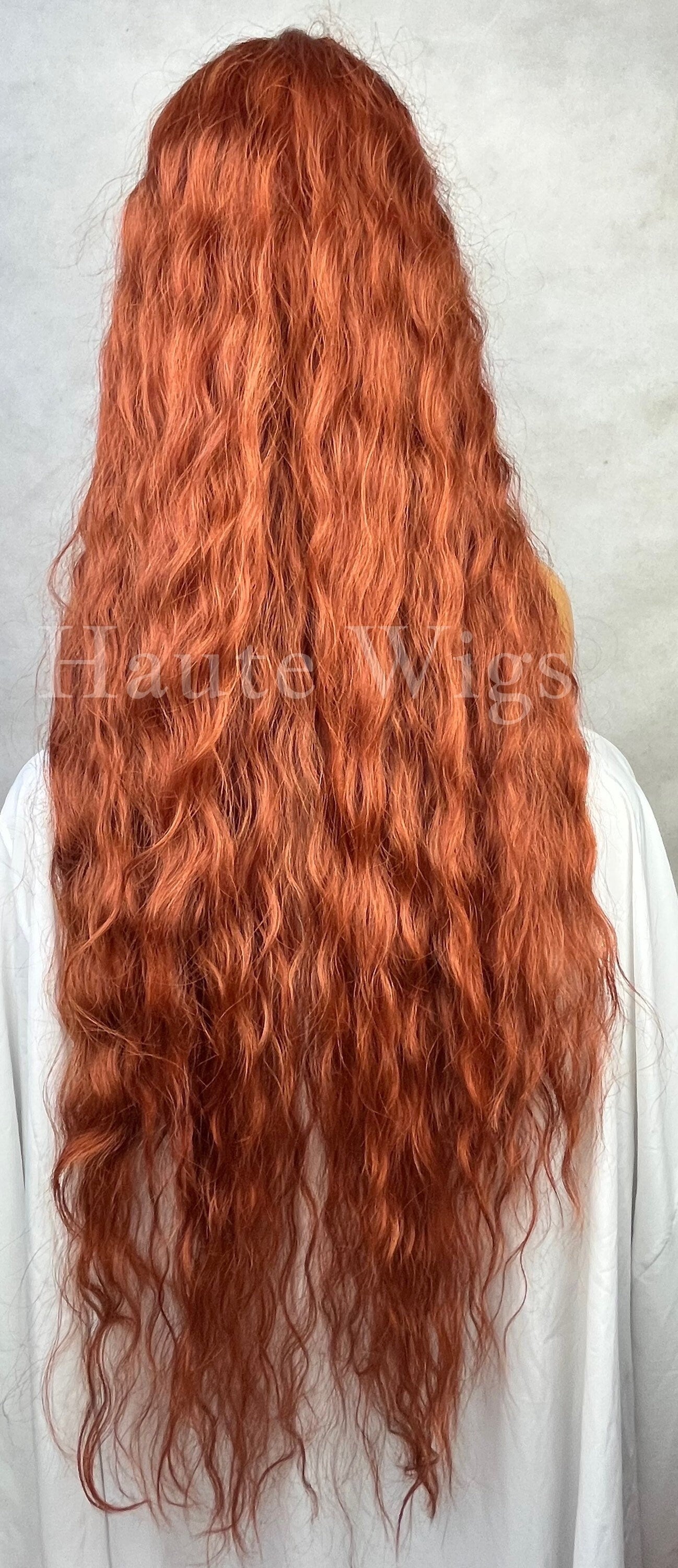 Auburn Copper Ginger Wavy XXX Long 42 Inches Lace Front Wig Human Hair Womens Wigs Gift For Her Realistic Center Parting Water waves