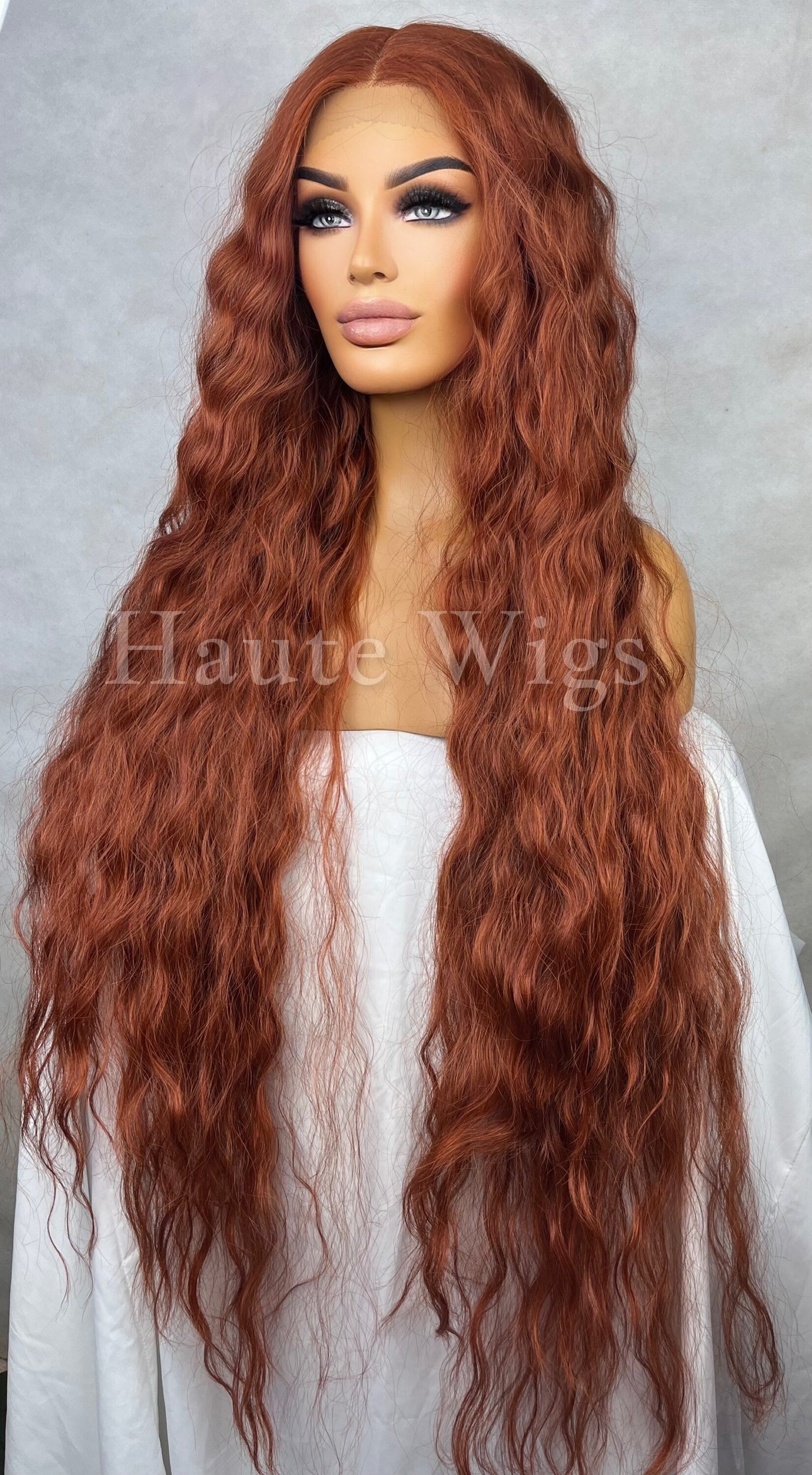 Auburn Copper Ginger Wavy XXX Long 42 Inches Lace Front Wig Human Hair Womens Wigs Gift For Her Realistic Center Parting Water waves