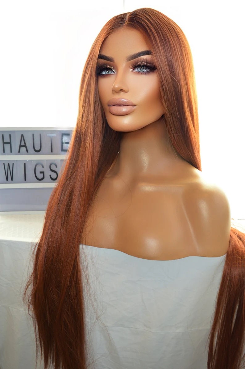 AUBURN XXX Long 40 Inches Lace Front Human Hair Blends Womens Wig Ladies Deep Copper Ginger Brown Luxury Baby Hairs Center Parting Straight