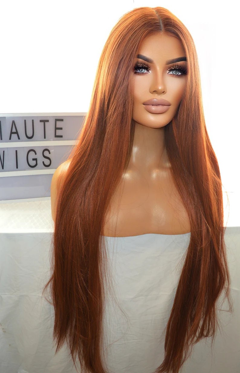 AUBURN XXX Long 40 Inches Lace Front Human Hair Blends Womens Wig Ladies Deep Copper Ginger Brown Luxury Baby Hairs Center Parting Straight