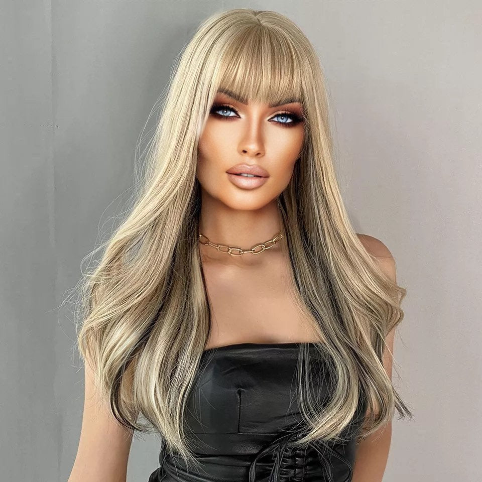 XTINA Long Sexy Blonde Wig W. Black Highlights Lowlights Womens Hair Fringe Bangs Wavy Layered Christina Aguilera Dirrty inspired hair