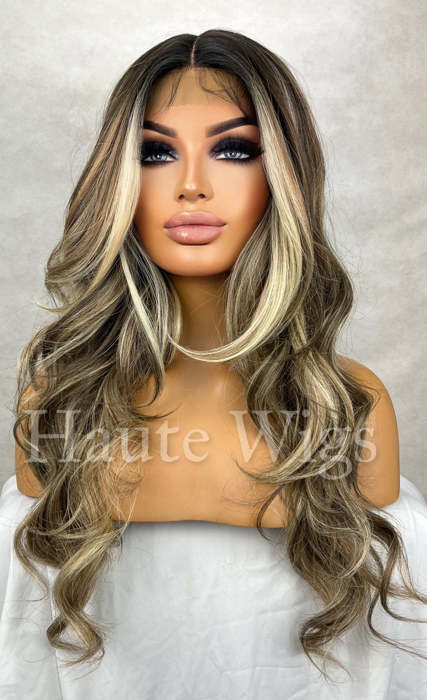 Wicked Game - Wavy Money Piece Brunette Brown Wig Ash Blonde Highlights Hair Lace Front Straight Blonde Streaks Human Hair Blends