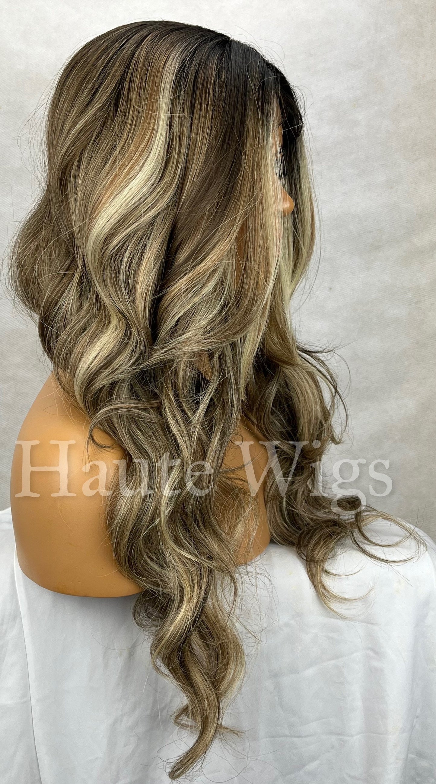 Wicked Game - Wavy Money Piece Brunette Brown Wig Ash Blonde Highlights Hair Lace Front Straight Blonde Streaks Human Hair Blends