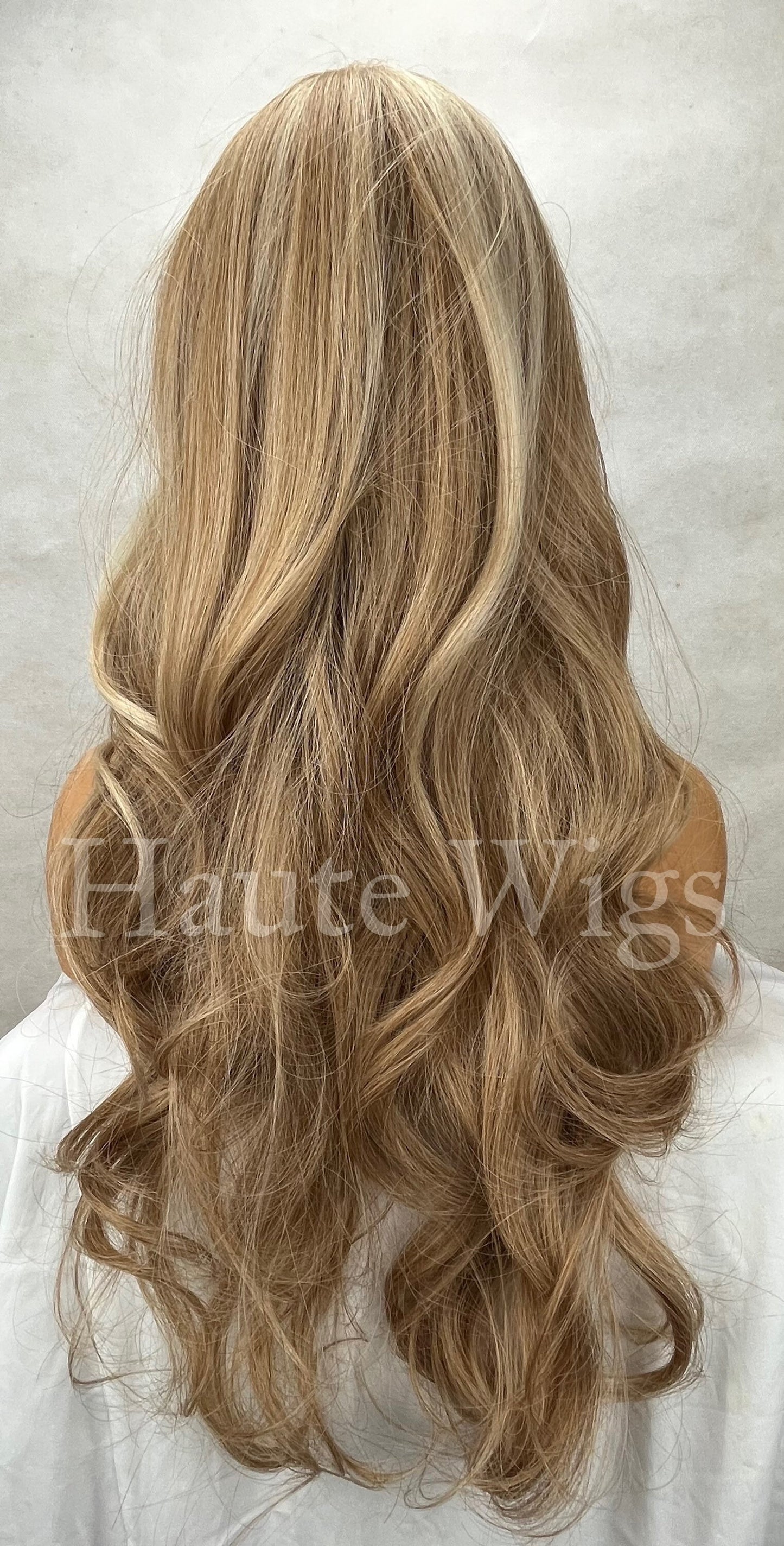 Venice Beach Honey Blonde Ash Highlights White Balayage streaks 22 Inch Long womens Wig Straight Center Parting NO Lace Front Gift for her