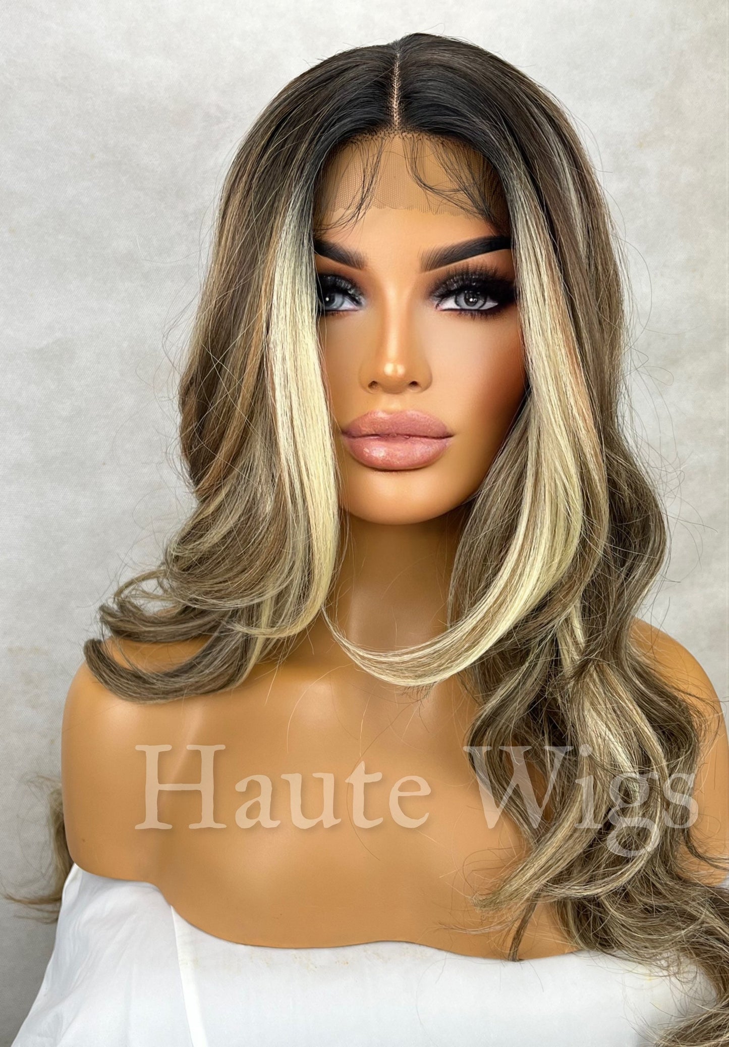 Wicked Game - Wavy Money Piece Brunette Brown Wig Ash Blonde Highlights Hair Lace Front Straight Blonde Streaks Human Hair Blends