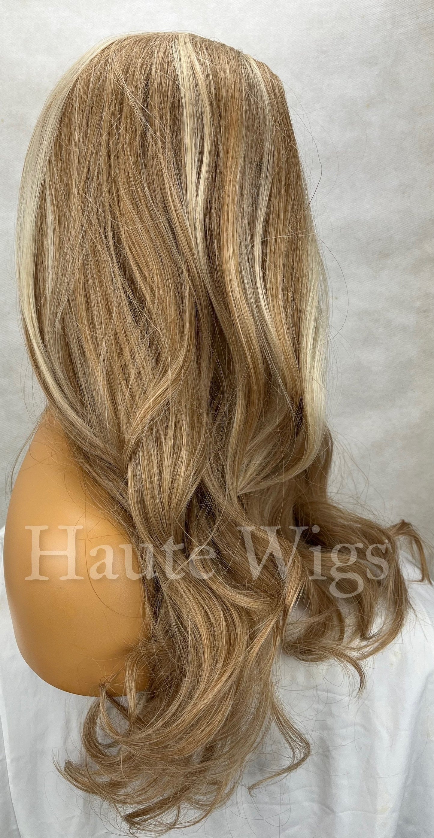 Venice Beach Honey Blonde Ash Highlights White Balayage streaks 22 Inch Long womens Wig Straight Center Parting NO Lace Front Gift for her