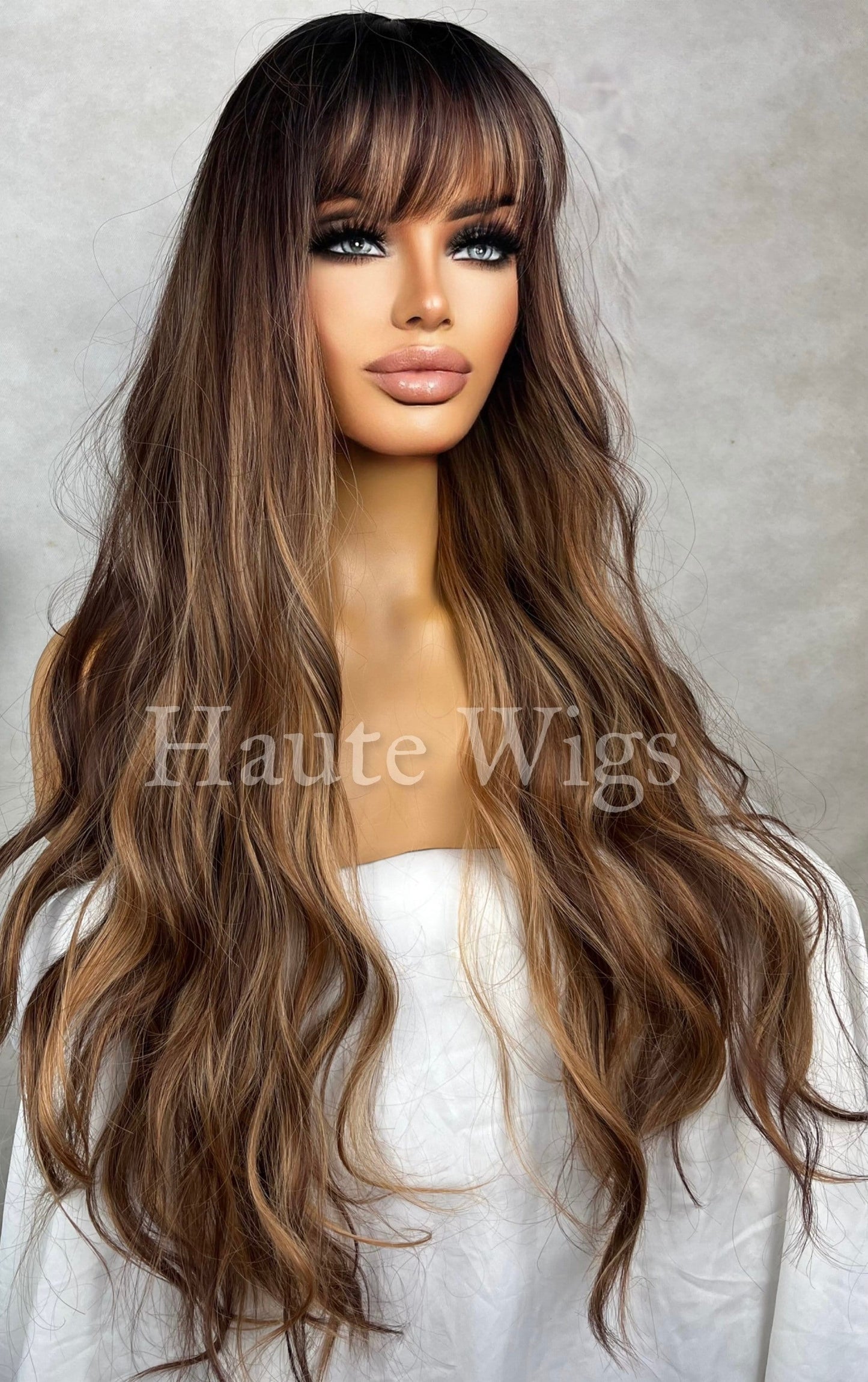 Shangri-La - 30 Inch Long Brunette Brown With Highlights Streaks Wig Hair Fringe Bangs Wavy Gift For Her Role Play Haute Wigs Women