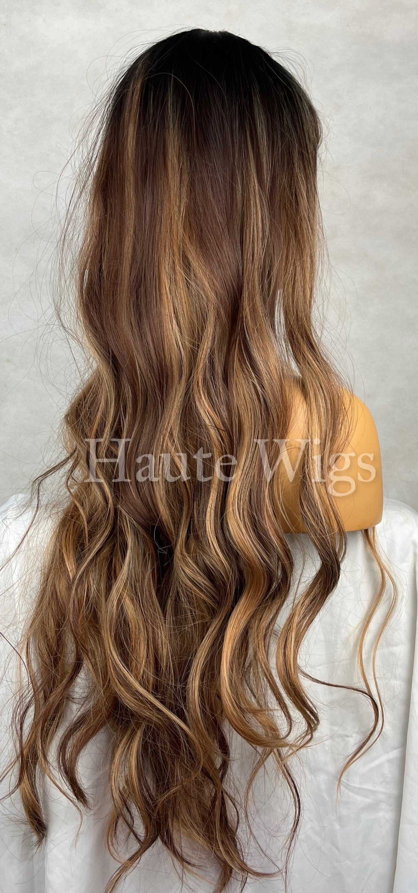 Shangri-La - 30 Inch Long Brunette Brown With Highlights Streaks Wig Hair Fringe Bangs Wavy Gift For Her Role Play Haute Wigs Women