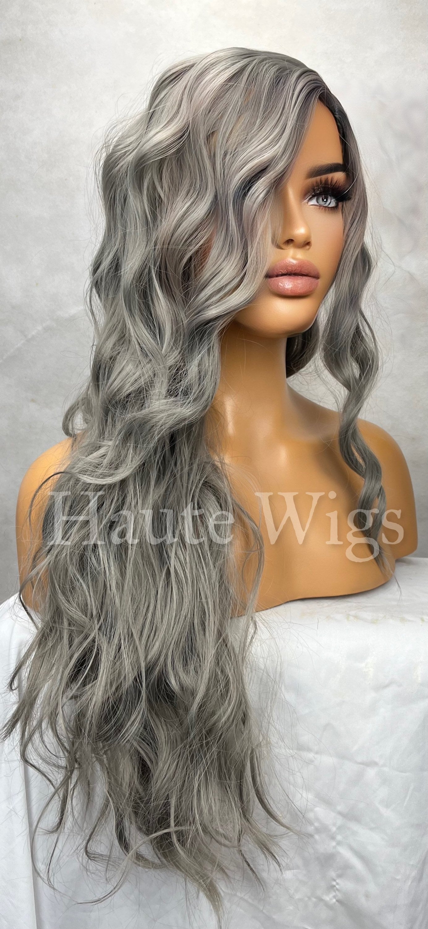 Mysterious - Ash Platinum silver Gray 24 Inch Long Wig Wavy NO Lace Womens Wig Eye Catching Gift for her haute wigs role play