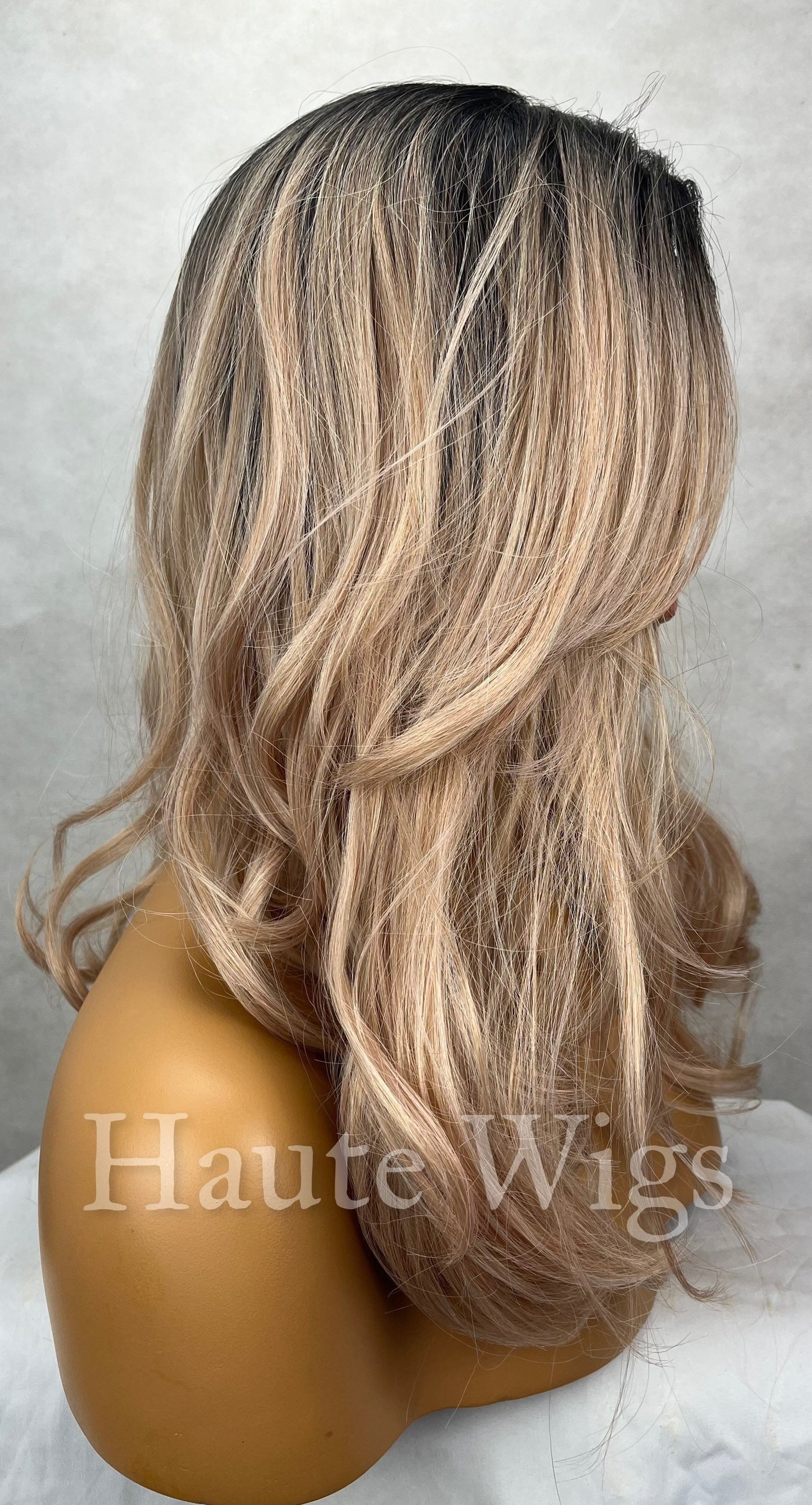 Lust - 16 inch Blonde With Rose Gold Pink Tones Wig Long wavy Womens Human Hair Blend Pre Cut Lace Front Parting Realistic Haute Wigs Gift