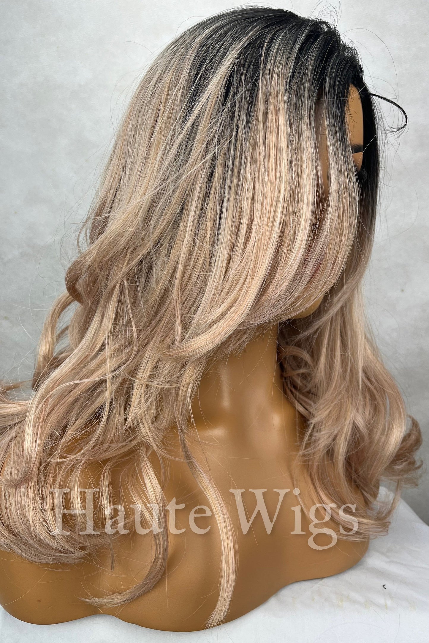 Lust - 16 inch Blonde With Rose Gold Pink Tones Wig Long wavy Womens Human Hair Blend Pre Cut Lace Front Parting Realistic Haute Wigs Gift