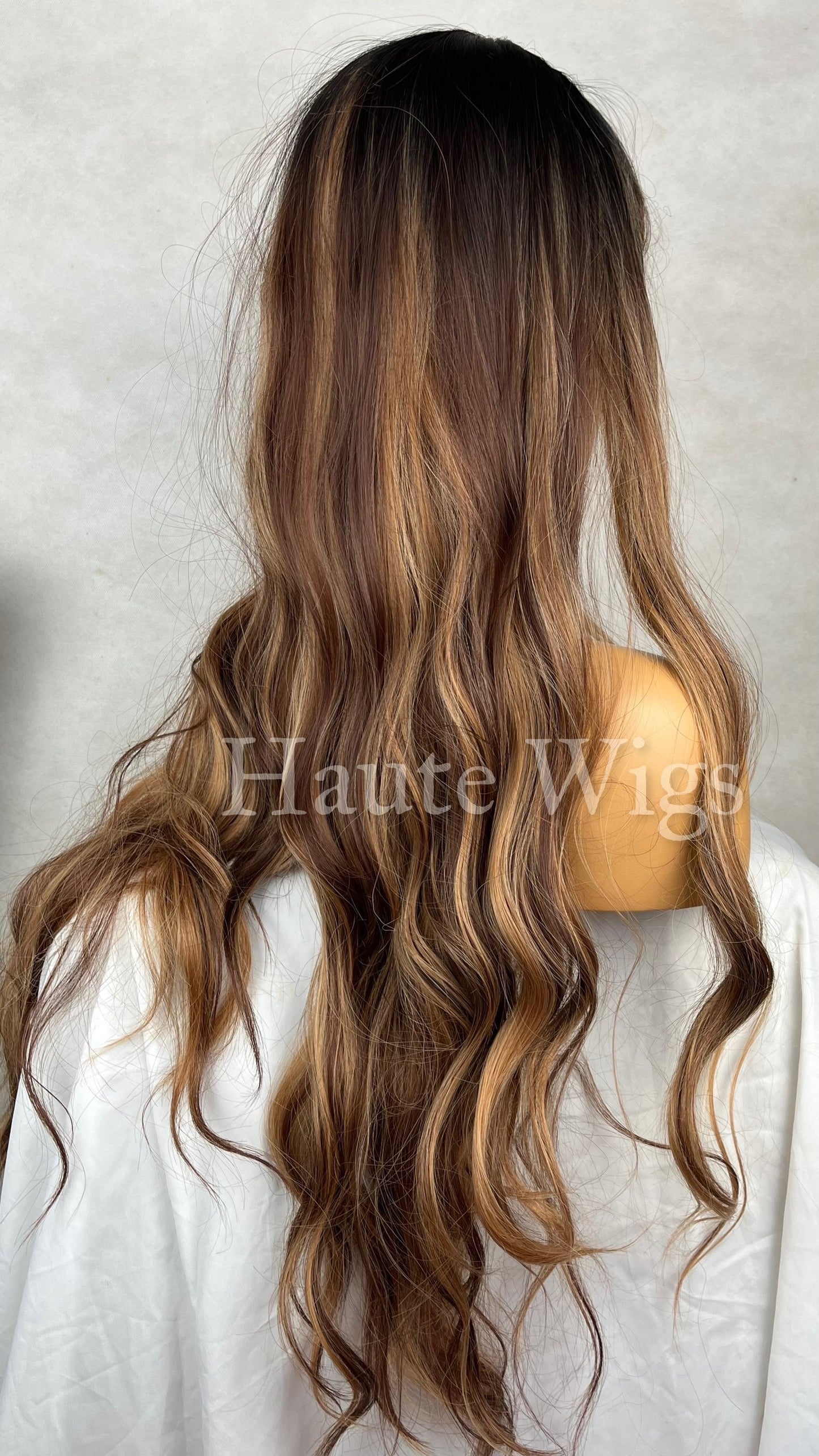 Shangri-La - 30 Inch Long Brunette Brown With Highlights Streaks Wig Hair Fringe Bangs Wavy Gift For Her Role Play Haute Wigs Women