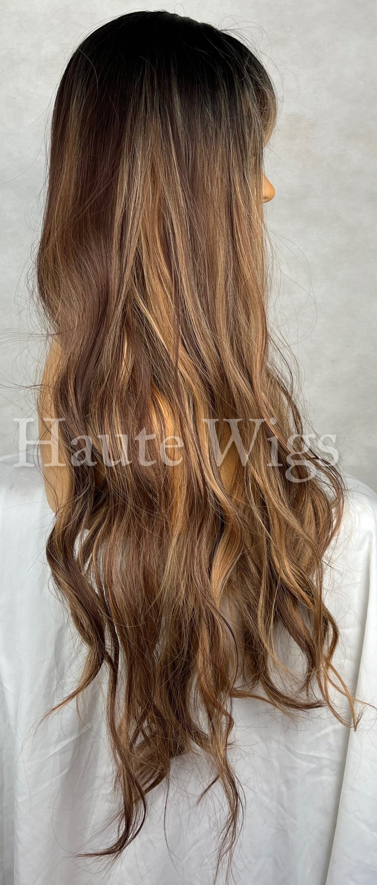 Shangri-La - 30 Inch Long Brunette Brown With Highlights Streaks Wig Hair Fringe Bangs Wavy Gift For Her Role Play Haute Wigs Women