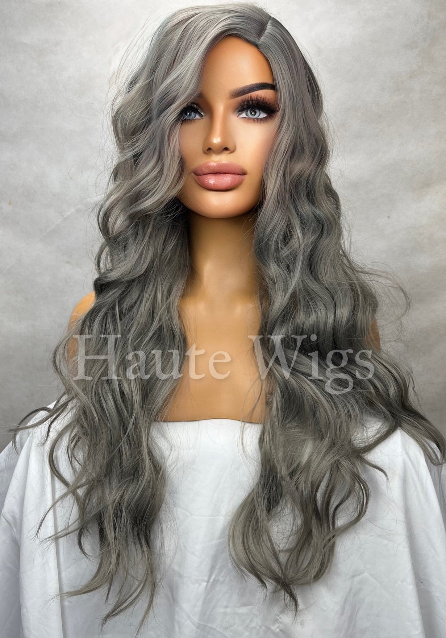 Mysterious - Ash Platinum silver Gray 24 Inch Long Wig Wavy NO Lace Womens Wig Eye Catching Gift for her haute wigs role play