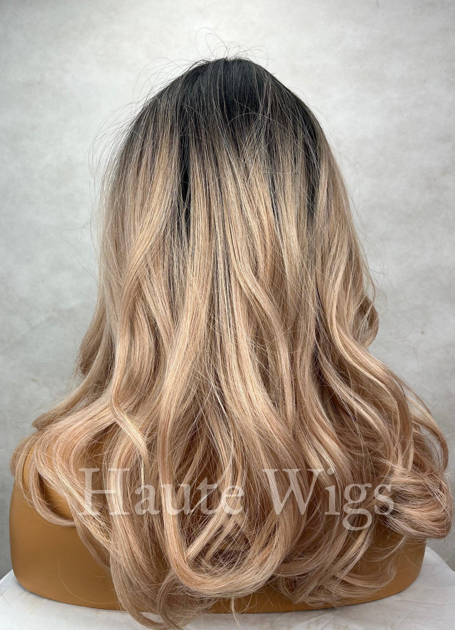 Lust - 16 inch Blonde With Rose Gold Pink Tones Wig Long wavy Womens Human Hair Blend Pre Cut Lace Front Parting Realistic Haute Wigs Gift