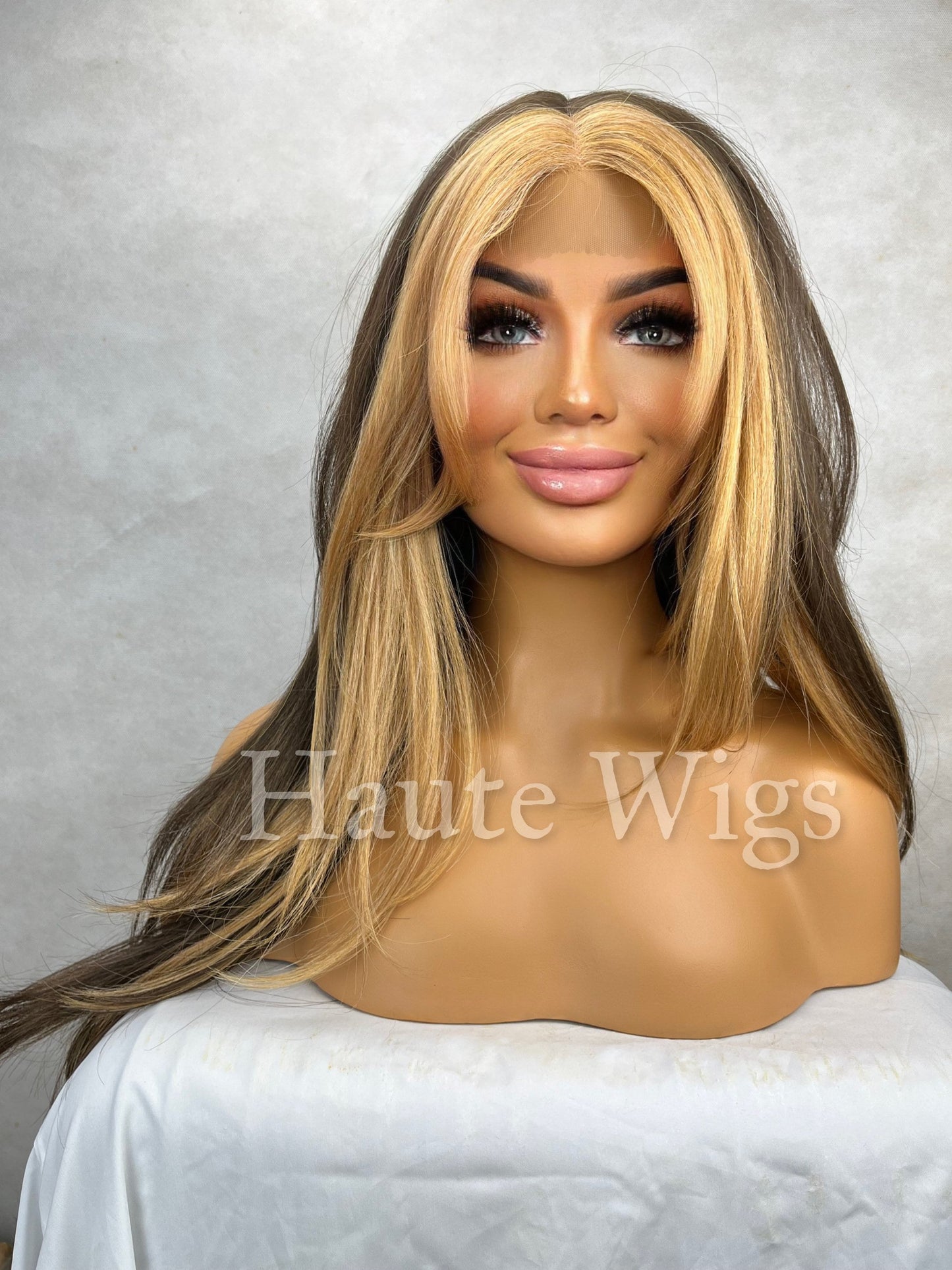 La Palma - Straight Thick Money Piece Golden Blonde & Brunette Brown Wig Highlights Lace Front Layered Blonde Streaks Human Hair Blends
