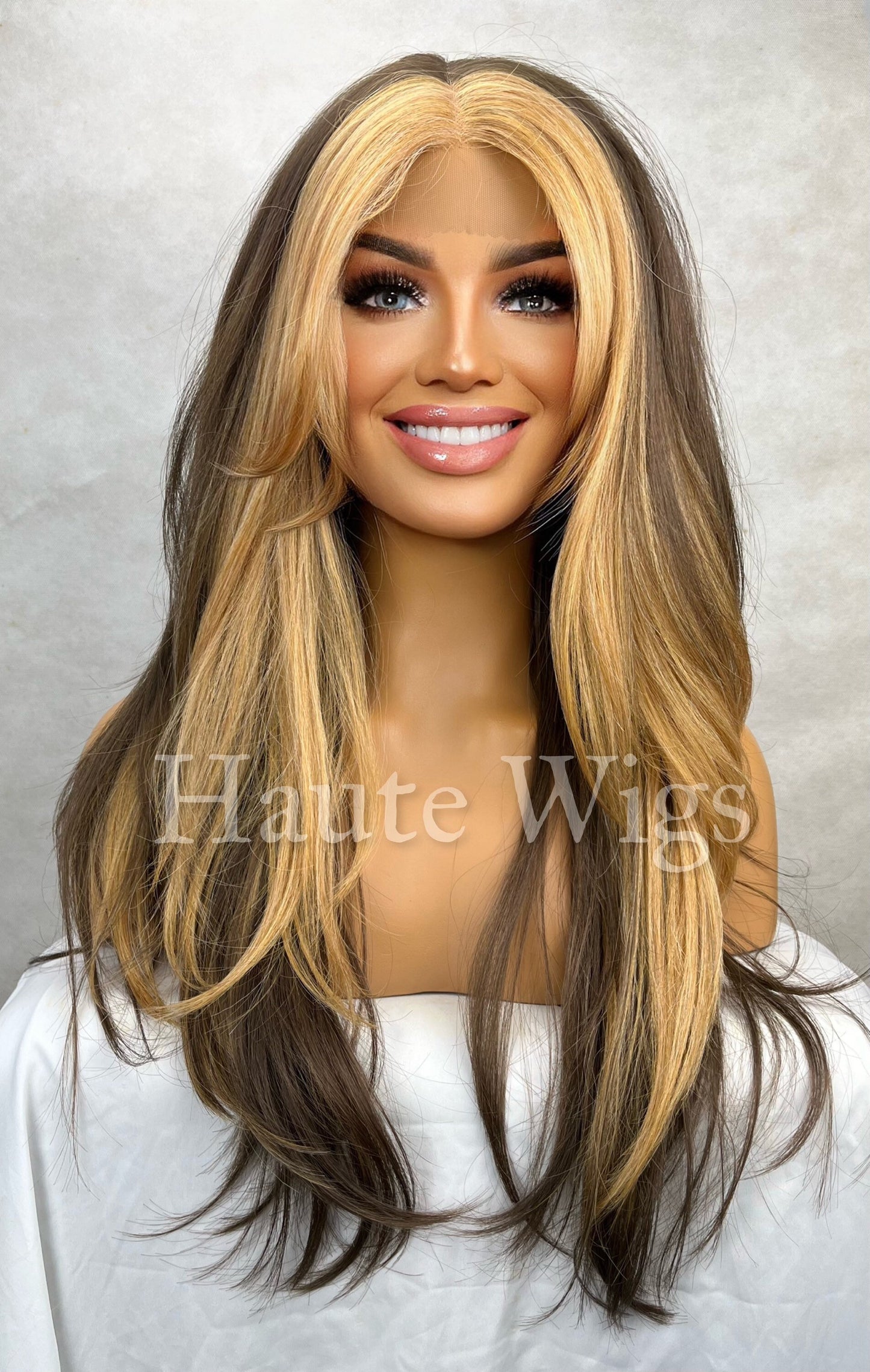 La Palma - Straight Thick Money Piece Golden Blonde & Brunette Brown Wig Highlights Lace Front Layered Blonde Streaks Human Hair Blends