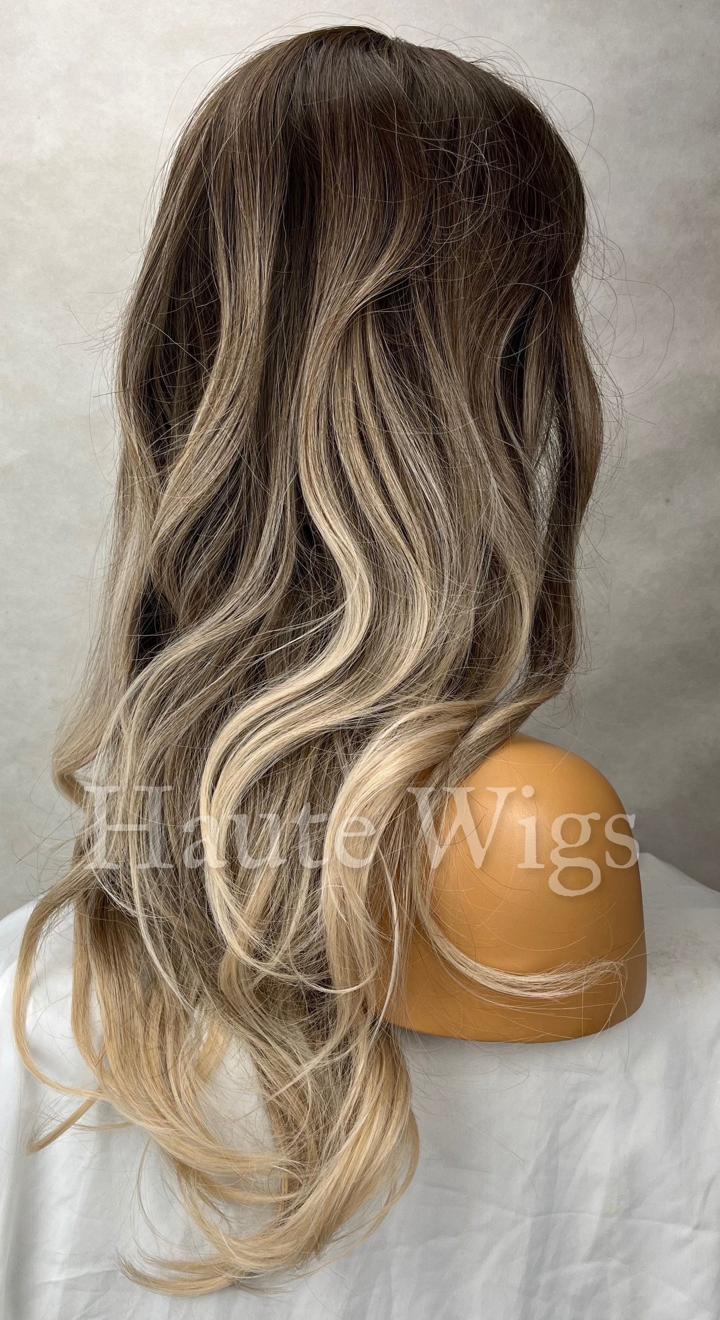 Sacramento - Wavy 22 Inch Ash Blonde Cool Toned Dirty Ombre Brown Wig With Fringe Bangs Center Parting Curly Hair Wigs Gift