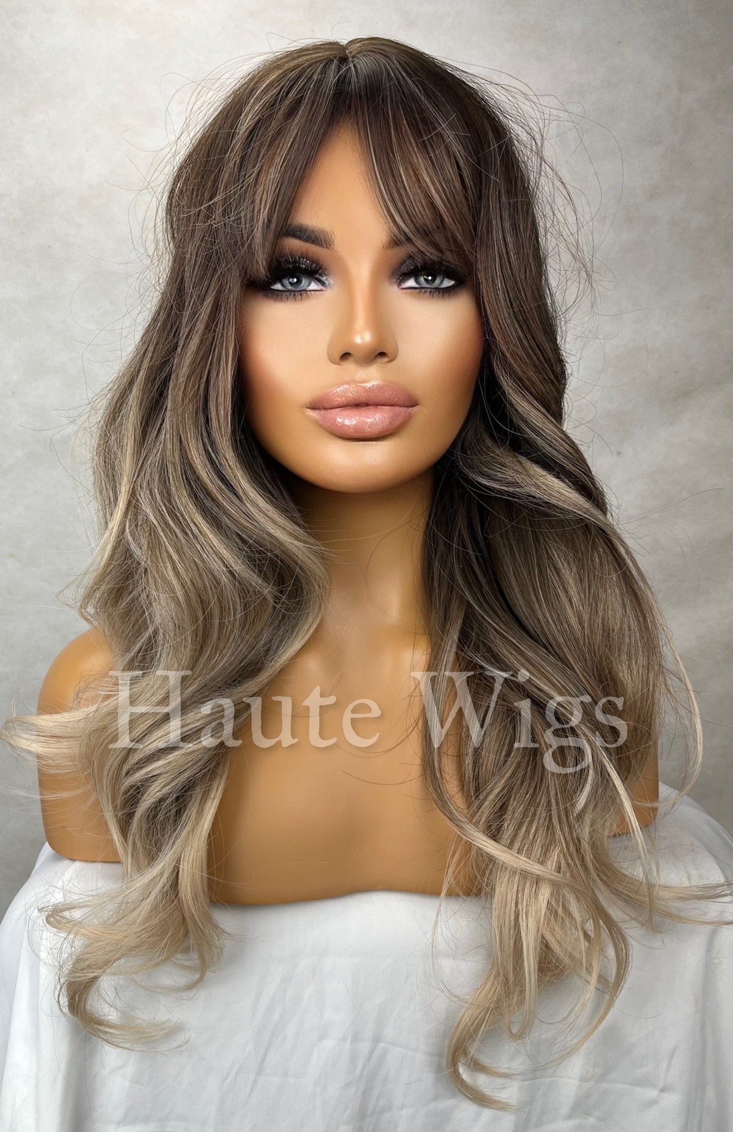 Sacramento - Wavy 22 Inch Ash Blonde Cool Toned Dirty Ombre Brown Wig With Fringe Bangs Center Parting Curly Hair Wigs Gift