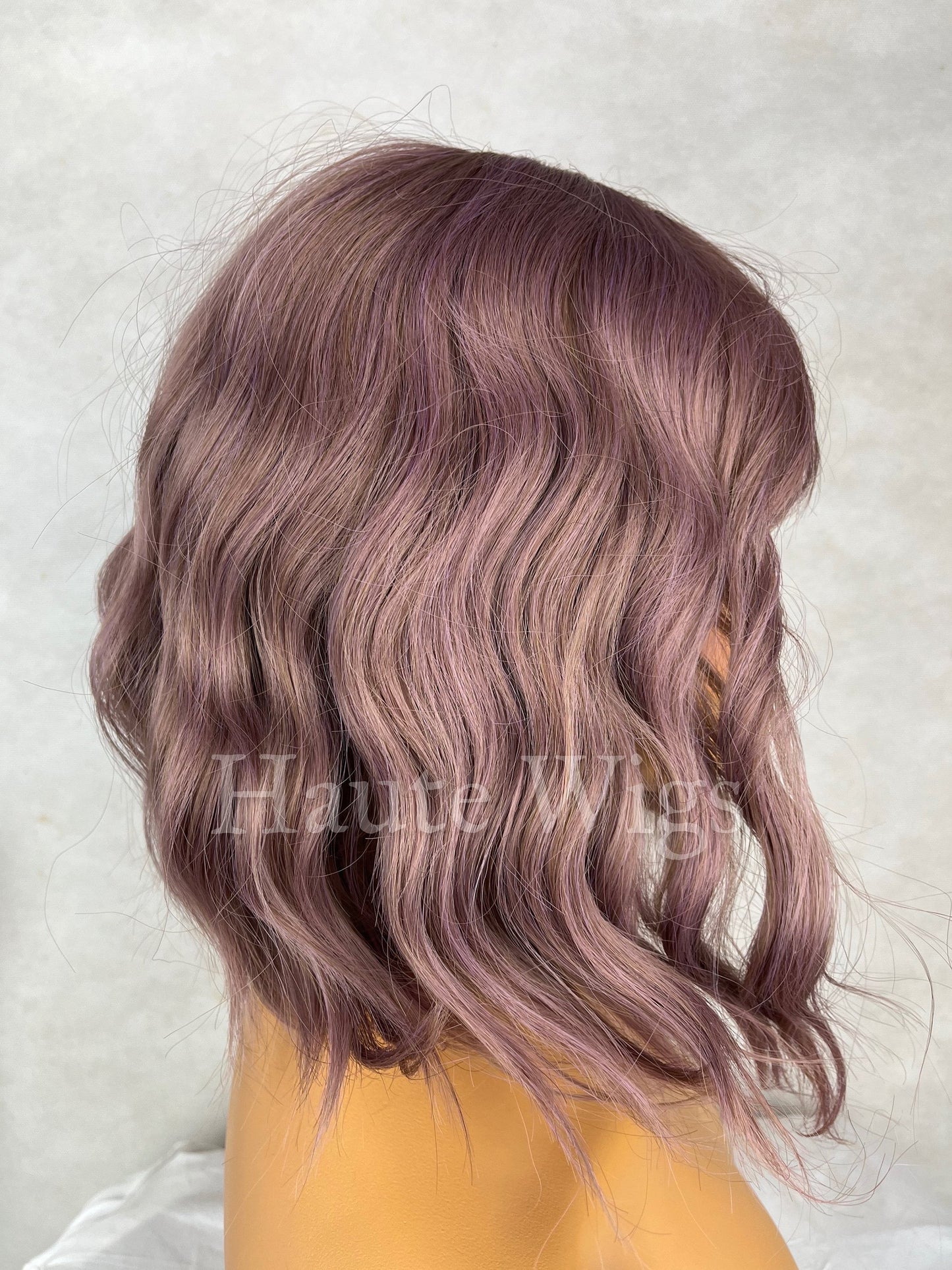 Rose Gold - Lilac Purple Violet Wig W Bangs Fringe Short Pixie BOB Wavy NO Lace Front Wigs Gift For Her Dark Roots Ladies Womens play