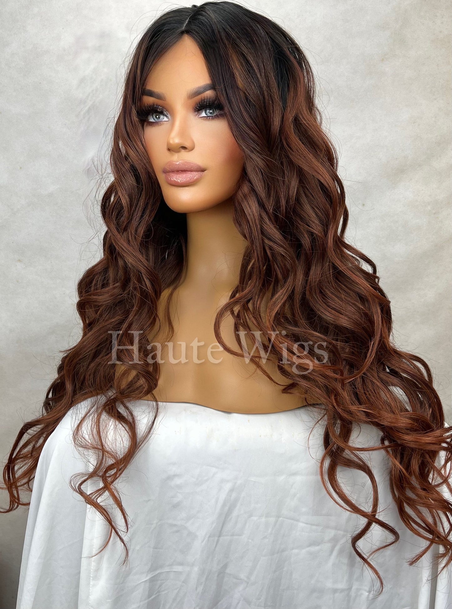 GLAM 26 inch Long Wavy Balayage Dark Brown Auburn Brunette Ombre Wig Wavy Bangs Womens Ladies Curly Lace Front Fake Scalp