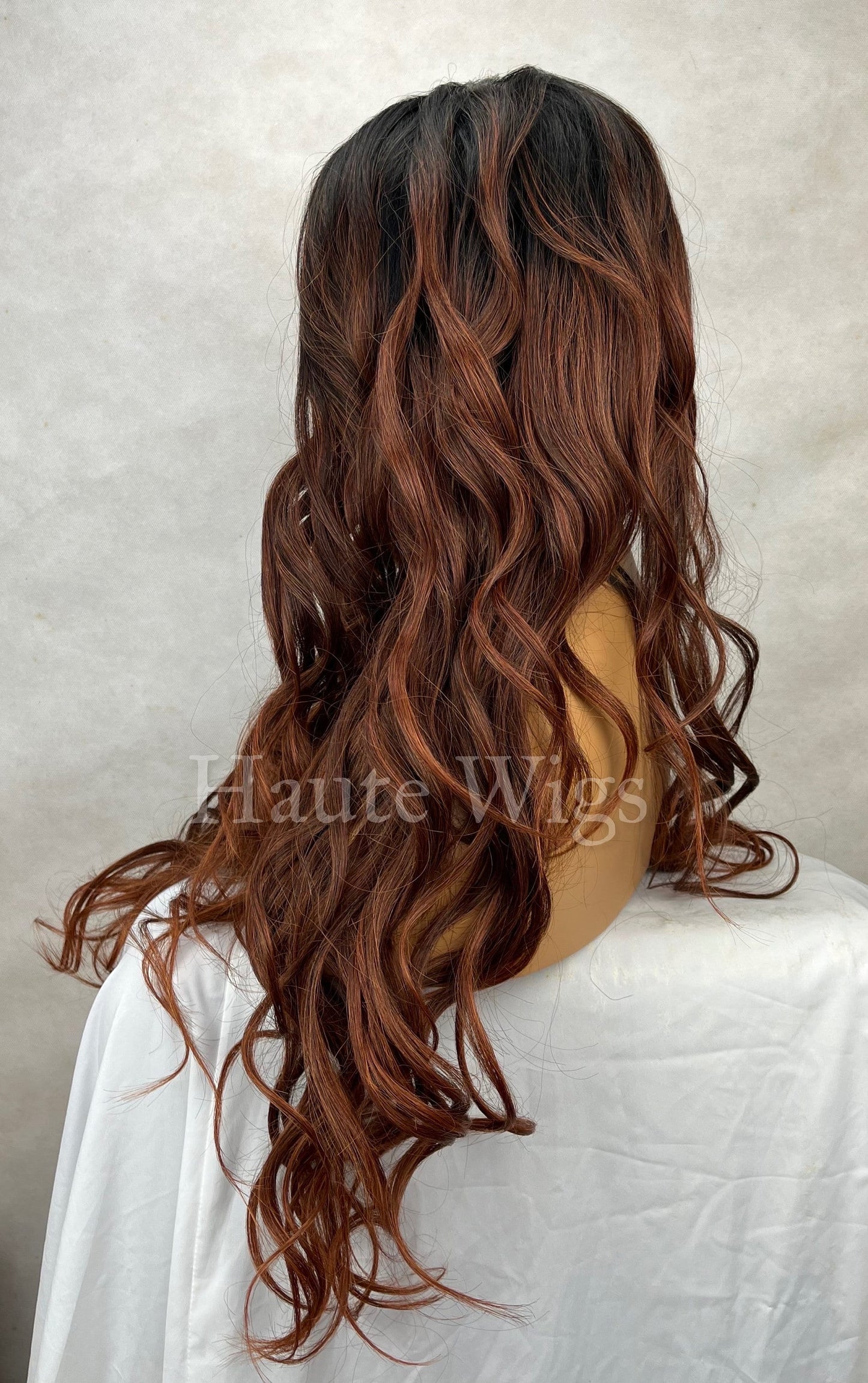 GLAM 26 inch Long Wavy Balayage Dark Brown Auburn Brunette Ombre Wig Wavy Bangs Womens Ladies Curly Lace Front Fake Scalp