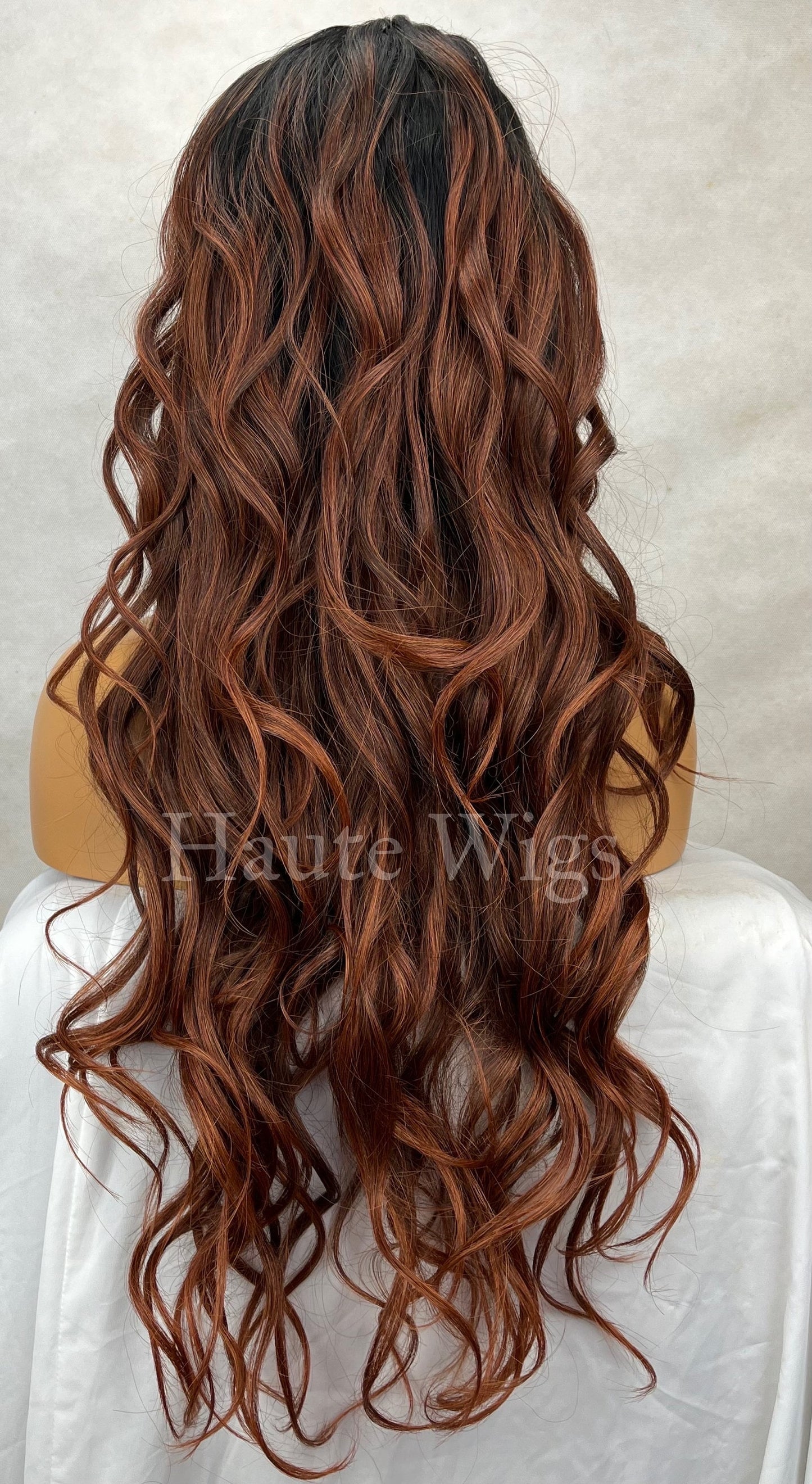 GLAM 26 inch Long Wavy Balayage Dark Brown Auburn Brunette Ombre Wig Wavy Bangs Womens Ladies Curly Lace Front Fake Scalp