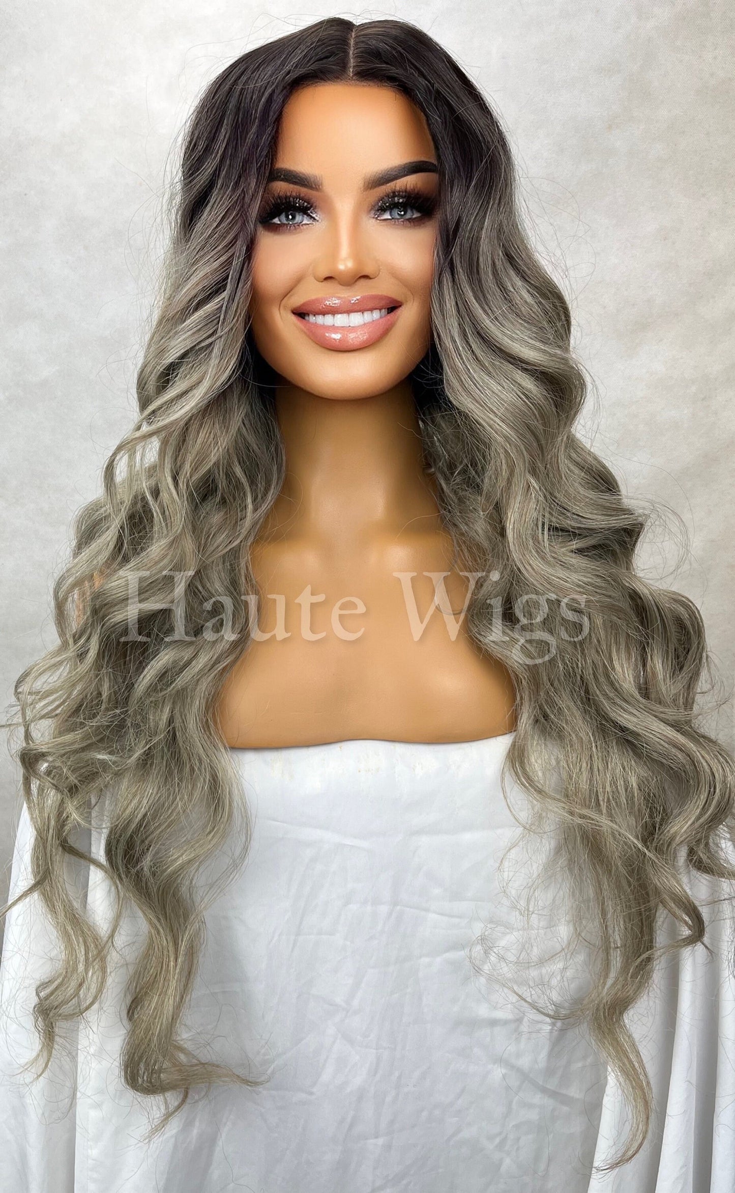 Pimlico - Ash Platinum silver Blonde Ombré 24 Inch Long Wig Wavy NO Lace Womens Wig Eye Catching Gift for her haute wigs
