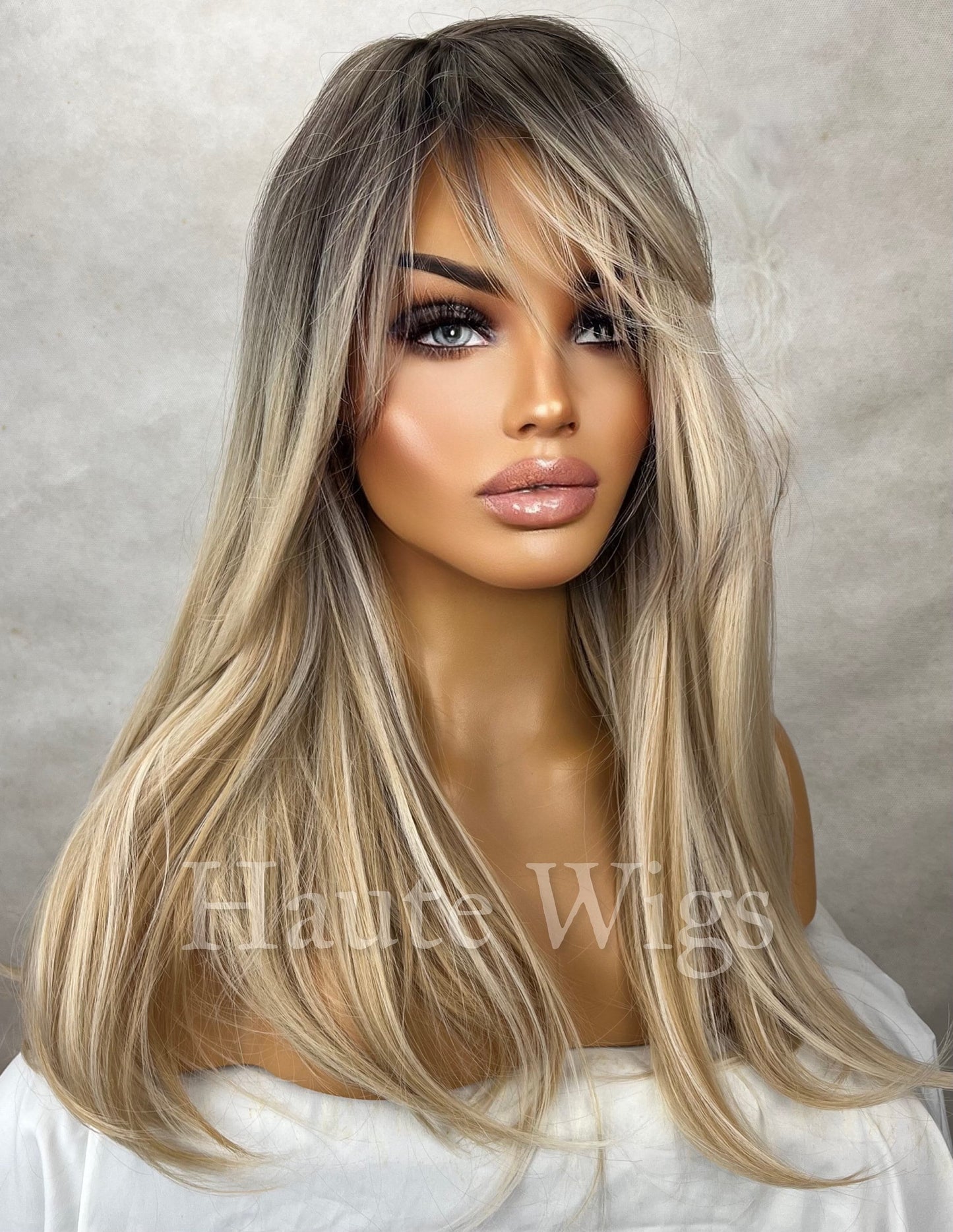 Beautiful Stranger - Blonde With Dark Brown Roots Balayage Highlights 20 Inch Wig Straight Layered NO Lace Front bangs Wig Gift for her