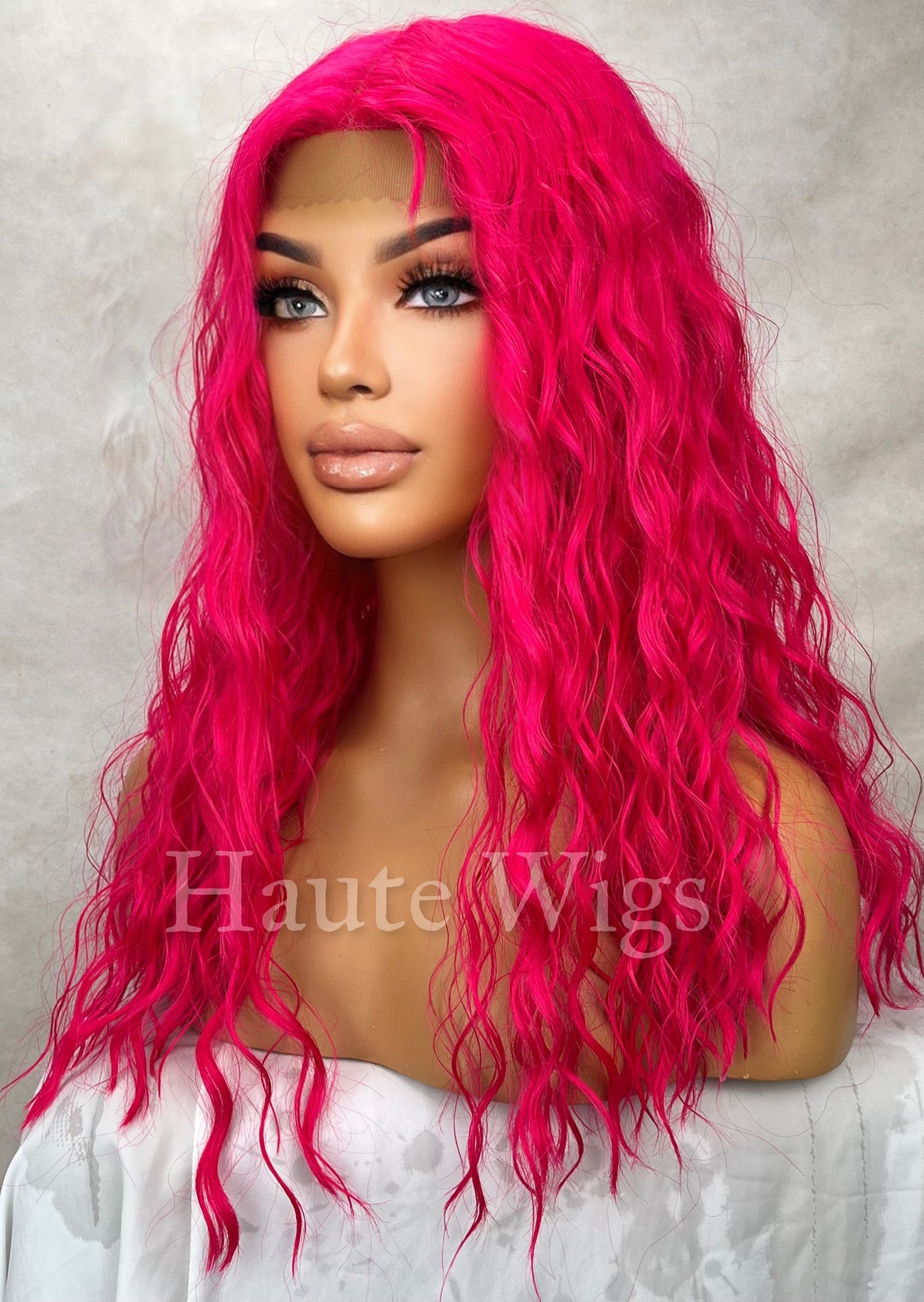 Shocking Pink - 20 Inch Long Bright Neon Pink Wig Womens Ladies Lace Front Human Hair Synthetic Blend Wigs Center Parting Wavy Role Play