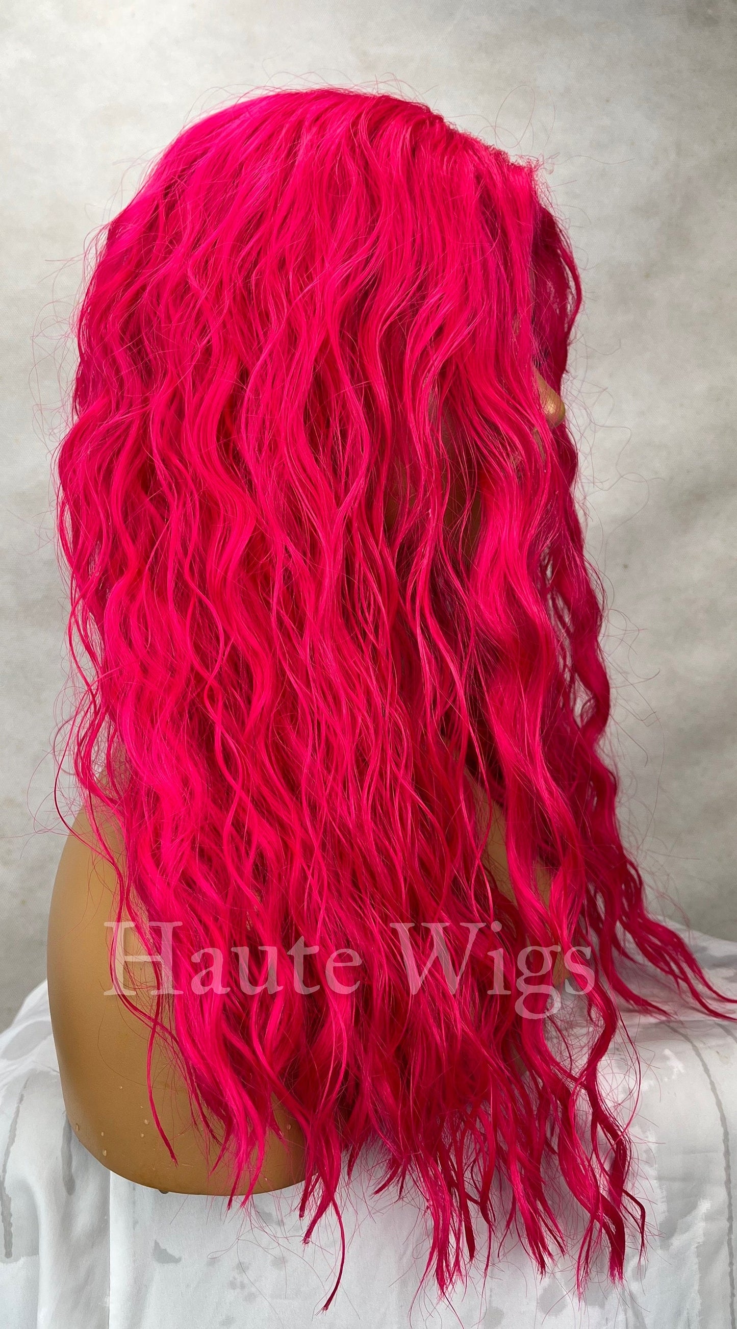 Shocking Pink - 20 Inch Long Bright Neon Pink Wig Womens Ladies Lace Front Human Hair Synthetic Blend Wigs Center Parting Wavy Role Play