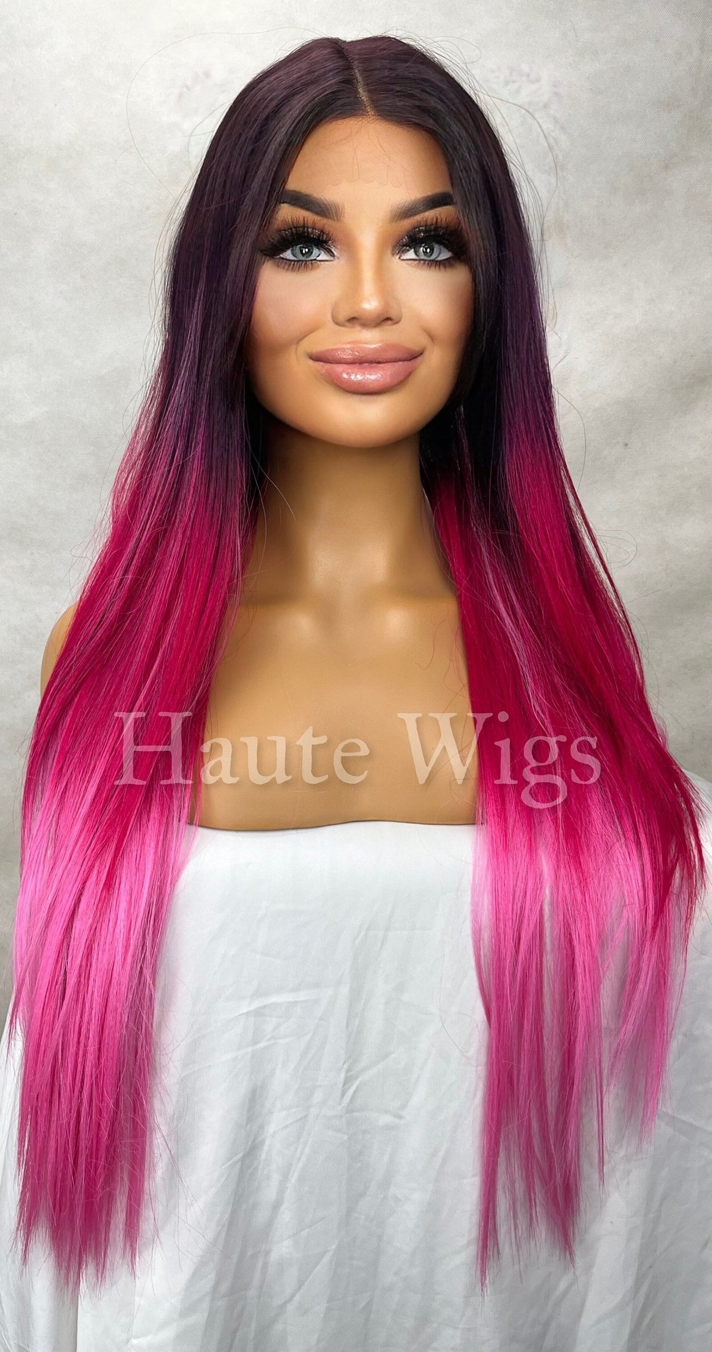Dirty Addictions - 20 Inch Long Ombre Vibrant & Bright Fuchsia Pink Wig Human Hair Blends Lace Front Center Parting emo goth Punk Rock