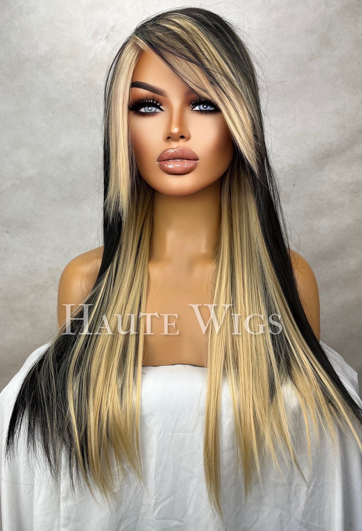 Bad B!tch 24 inch Black & Yellow Blonde Wig Streaks highlights Hair Fringe Bangs Gift for her Role Play Emo or Everyday Haute wigs goth