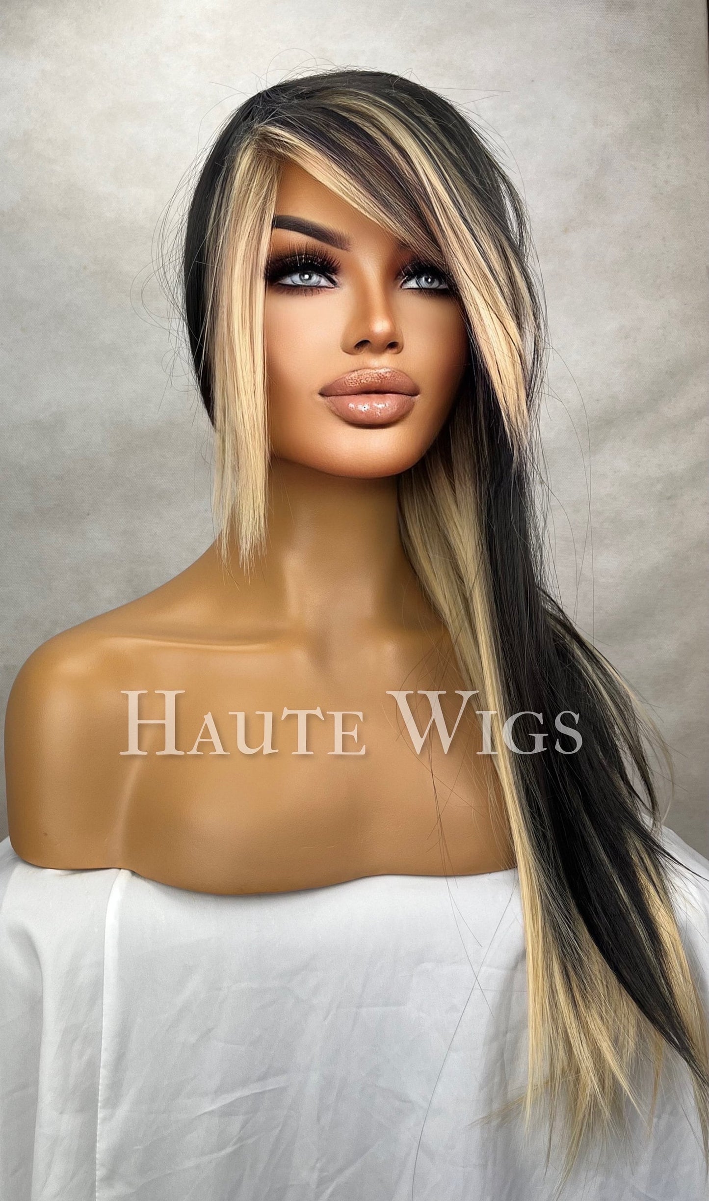 Bad B!tch 24 inch Black & Yellow Blonde Wig Streaks highlights Hair Fringe Bangs Gift for her Role Play Emo or Everyday Haute wigs goth